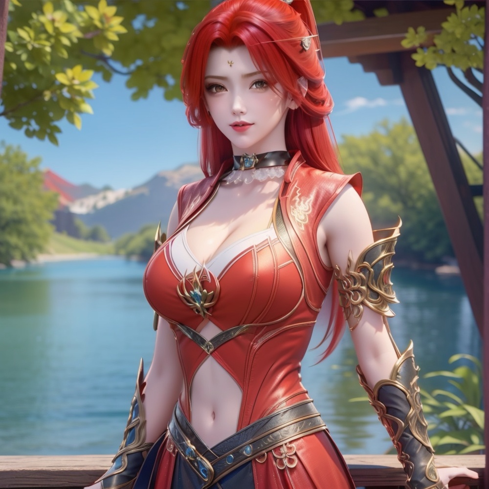 <lora:斗破苍穹-唐火儿:1>red hair,  (,1girl, ,best quality, ),looking at viewer,  ,ultra detailed 8k cg, ultra detailed background,  ,masterpiece, (( , )) , lake,upper body,   (cleavage), (),