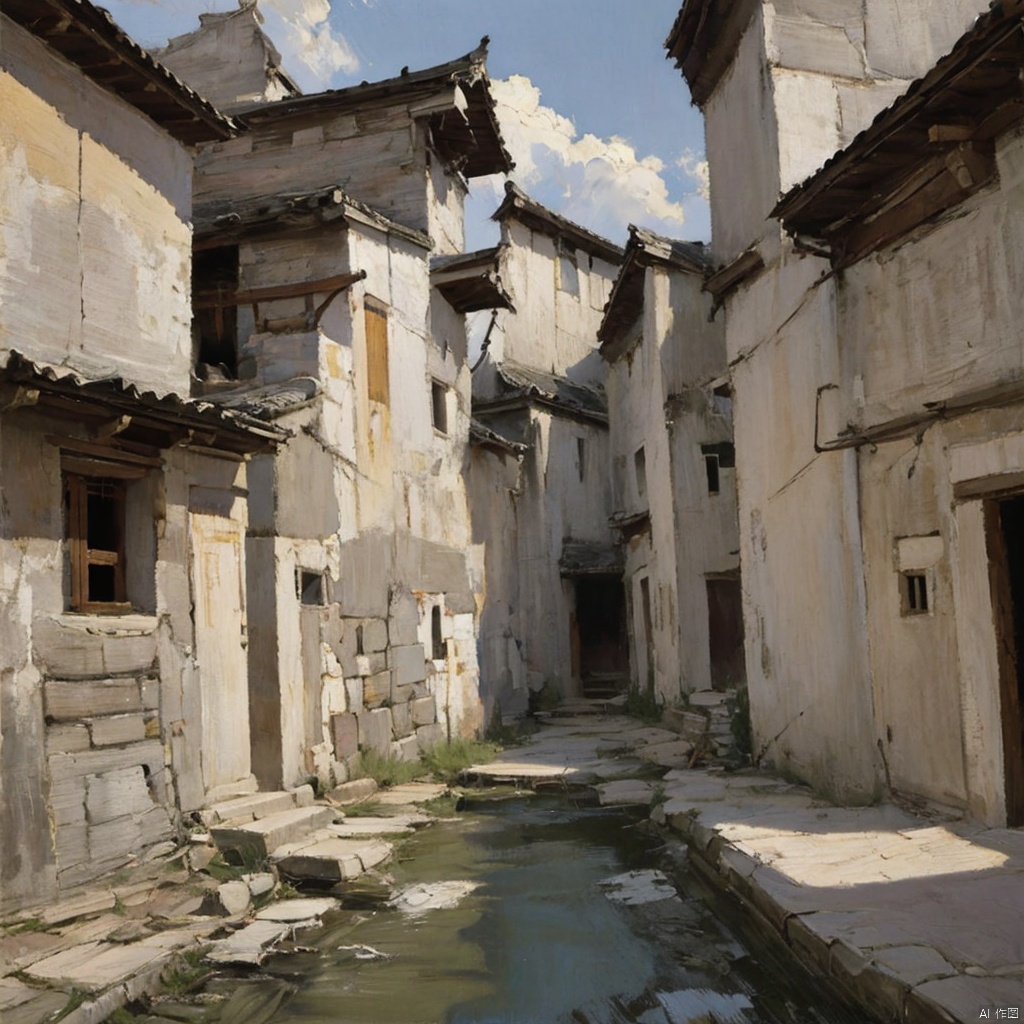 High saturation, USM sharpeningJxpFJ, xpFJ, oil painting brushstrokes, oil painting landscape, unmanned landscape,(HD), (realistic), artist, landscape collection, masterpiece,There are villages, streets, and alleys in the Chinese Huizhou architectural style. There are white gray walls, stone walls, horse head walls, wooden lattice windows, etc. The high-definition details are fascinating. The clouds, vicissitudes, mountain temples, village houses, and markets are chaotic and desolate., irregularity, asymmetry, unity, peace, healing,High-end, gray, Morandi, low-purity cold and warm color gamut contrast and blending, color block strokes<lora:EMS-79765-EMS:0.230000>, <lora:EMS-416373-EMS:0.330000>, <lora:EMS-416134-EMS:0.230000>