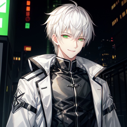 full_shot,simple background,male,*****,smile,white_skin,tall,white hair,mole_under_eye,green eyes,white coat,black shirt,huge filesize,<lora:add_detail:1>,slender face,short hair,:d,