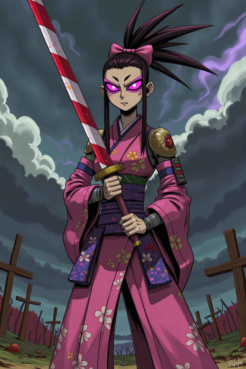beijihui,Captured in a cartoon-**** scene, a woman in a pink kimono is holding a sword in her right hand. Her face is adorned with pink eyes, a pink bow, and a pink ribbon tied around her head. Her hair is styled in a mohawk, adding a pop of color to her outfit. The sword she is holding is pointed towards the left, with a red stripe running down the length of the sword. The background is a dark, stormy sky with white clouds. To the right of the woman, there is a wooden cross on the ground.
