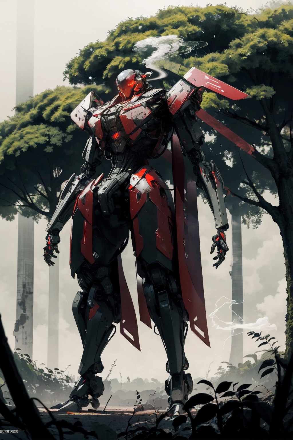 -nature, forest, smoke, solo, robot, tree, holding, fog, glowing, no humans, standing, science fiction, humanoid robot, outdoors, plant,<lora:Apocalypse Aso_20240119162949:1>,Apocalypse Aso,