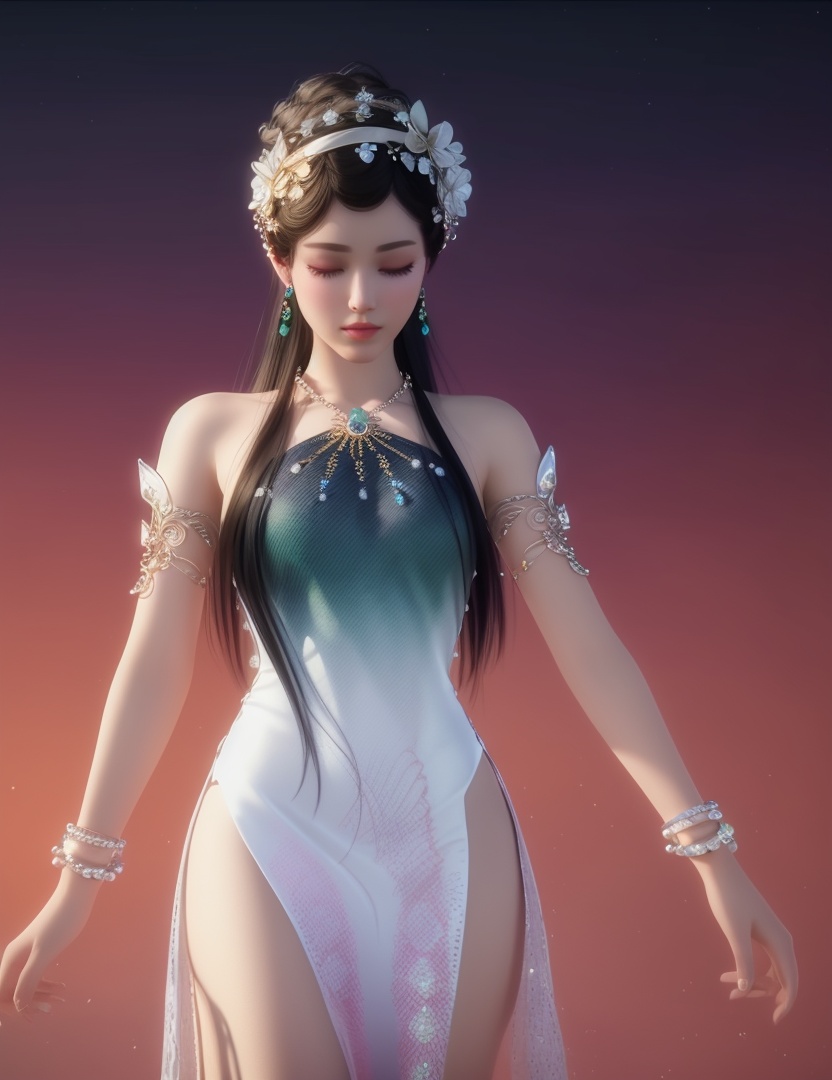 ultra realistic 8k cg, picture-perfect face, flawless, clean, masterpiece, professional artwork, famous artwork, cinematic lighting, cinematic bloom, perfect face, beautiful face, fantasy, dreamlike, unreal, science fiction,  beautiful clothes, lace, lace trim, lace-trimmed legwear,  (rich:1.4), prestige, luxury, jewelry, diamond, gold, pearl, gem, sapphire, ruby, emerald, intricate detail, delicate pattern, charming, alluring, seductive, erotic, enchanting, hair ornament, necklace, earrings, bracelet, armlet,halo((,1girl, pov,))(((,  1girl,  solo,looking at viewer, ))),(((1girl, solo, dress, white_dress, black_hair, 3d, gradient_background, gradient, jewelry)))<lora:DA_WhiteSnakeGreenSnake:0.8>