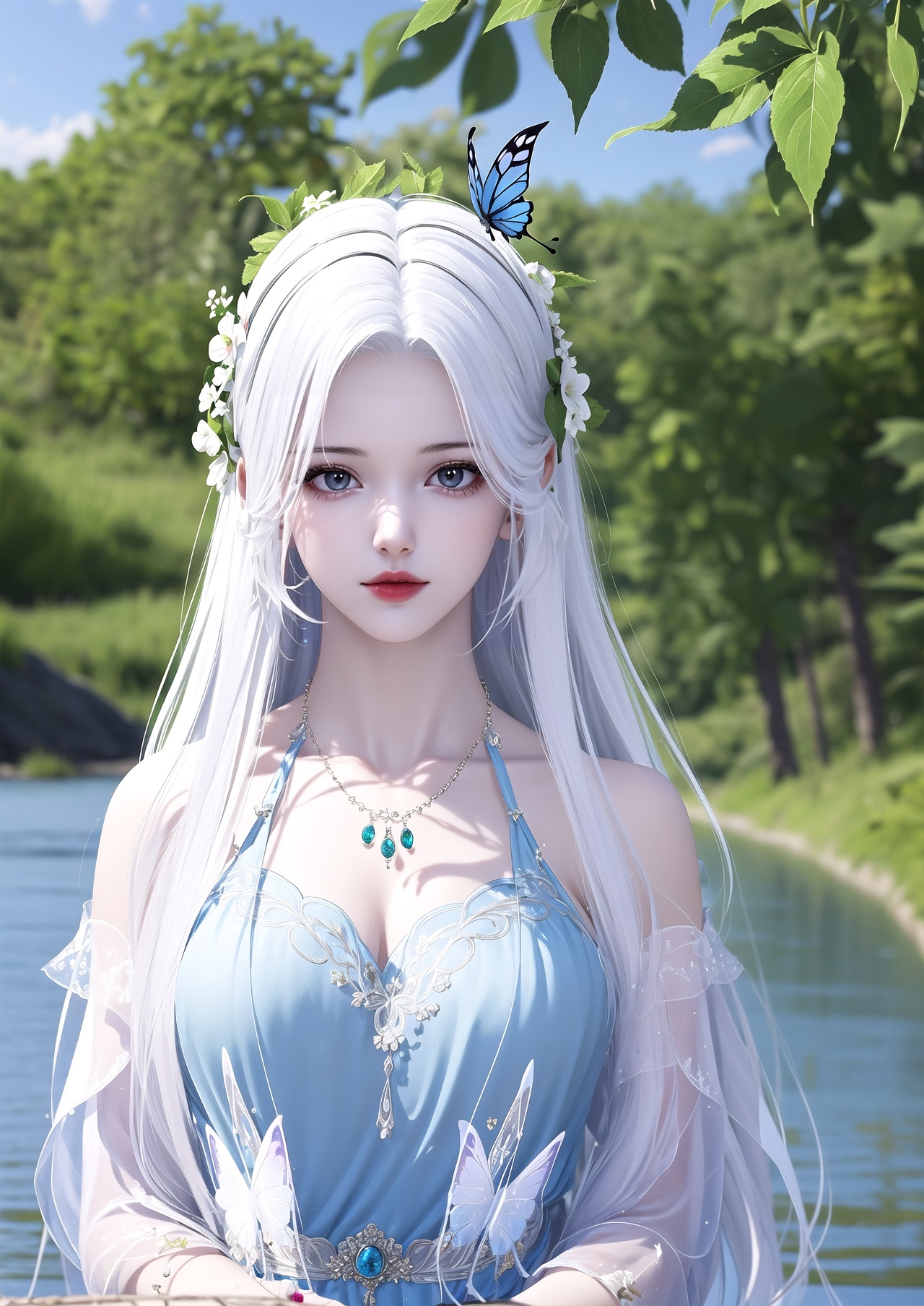 masterpiece,best quality,1girl,jewelry,dress,butterfly,tree,nature,white hair,solo,outdoors,long hair,water,forest,necklace,blurry,