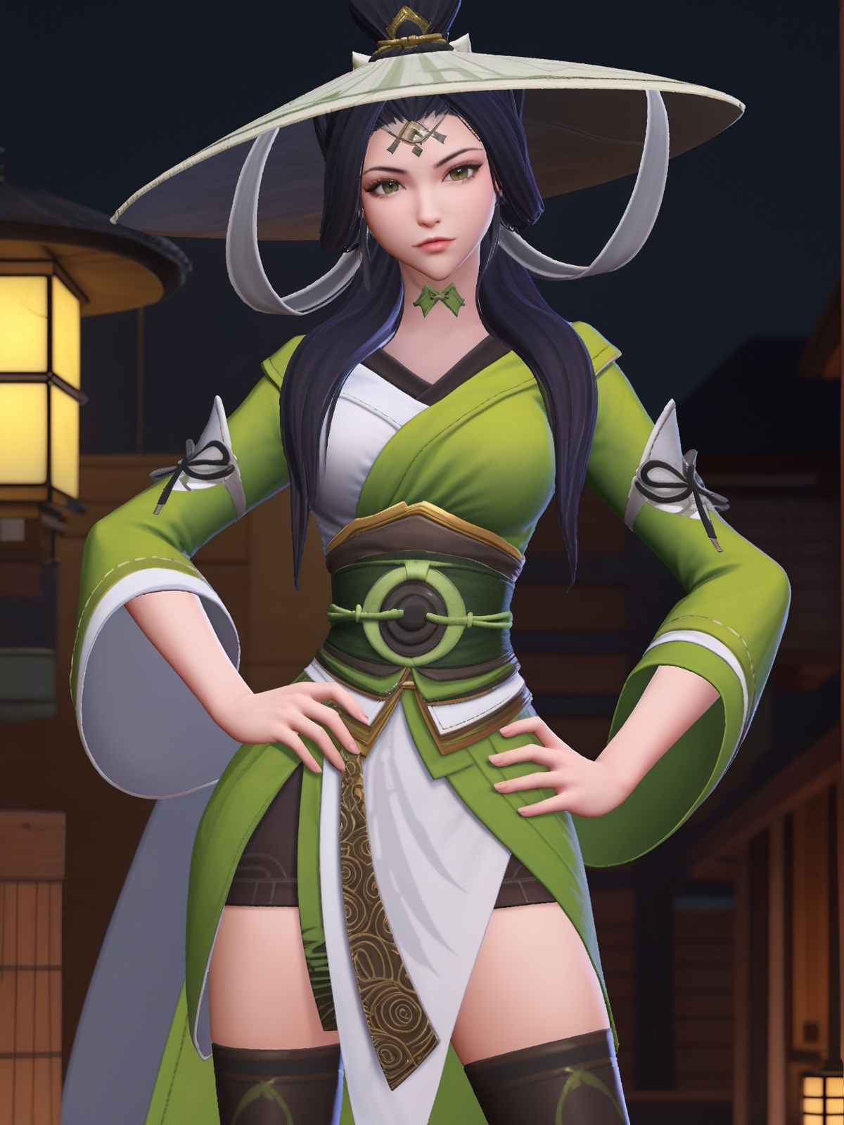 WZRYshangguanwanerXZMK, 1girl, solo, thighhighs, black hair, hat, looking at viewer, long hair, wide sleeves, chin strap, japanese clothes, sash, breasts, long sleeves,choker, obi, closed mouth, <lora:WZRYshangguanwanerXZMK:0.75>,cityscape, night, hand on hip, 