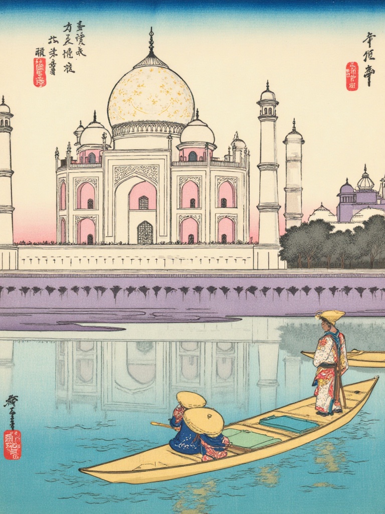 Xgechuanguangchong, Taj Mahal rendered in ukiyo - e technique. White marble in pink - white and pale blue layers, domes inlaid with gold star - moon motifs. Yamuna River reflects the structure. A boatman in conical hat wears a kimono - like robe. Agra Fort in lavender hues in the background, creating a dreamy atmosphere.