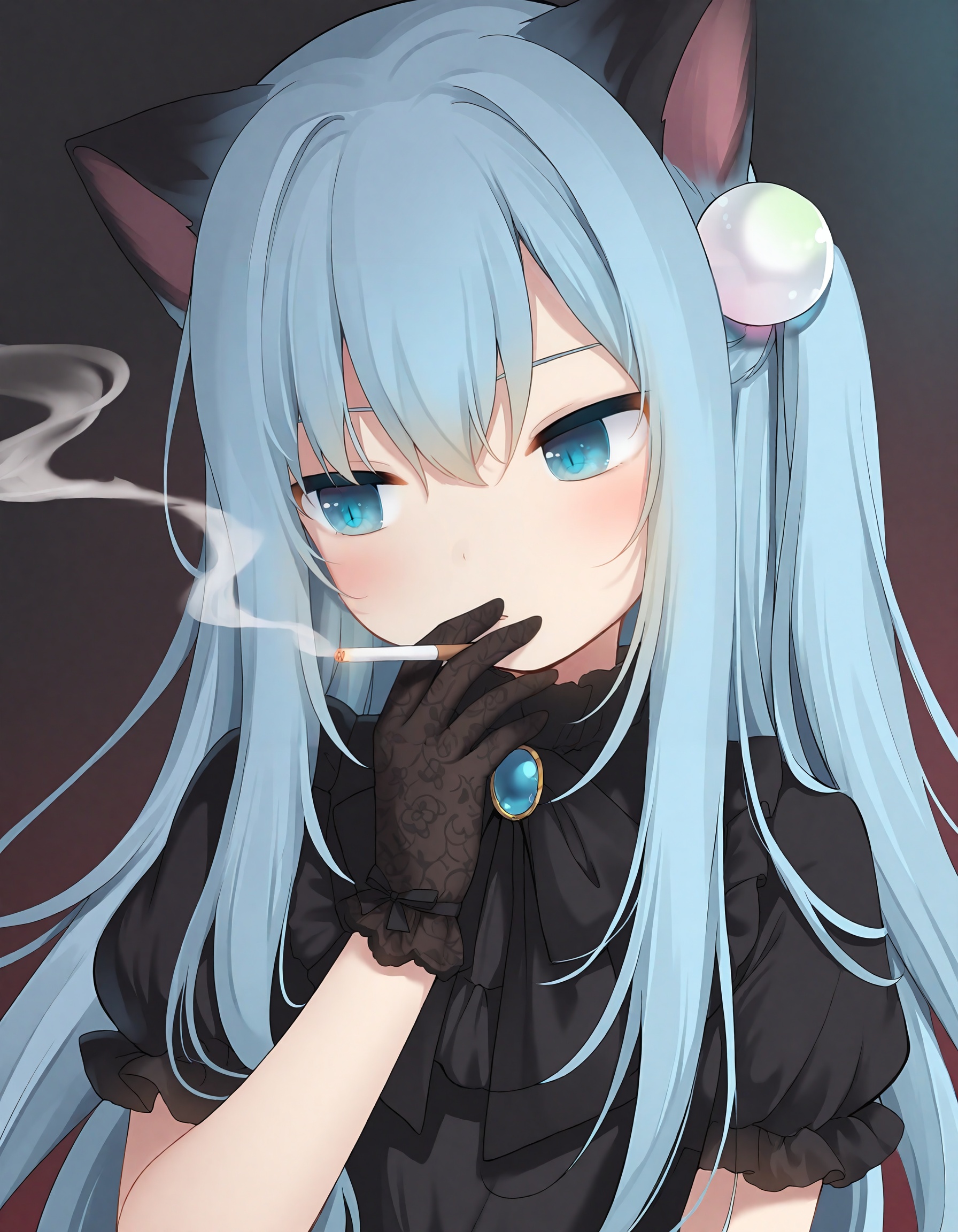 slit_pupils,amashiro natsuki, CHARACTERS-Nekohashizuku, 1girl, animal ears, black dress, dress, cigarette, gloves, blue hair, long hair, cat ears, black gloves, short sleeves, solo, blue eyes, smoking, holding, puffy sleeves, puffy short sleeves, cat, blurry foreground, depth of field, smoke, very long hair, head tilt, blurry, one side up, animal, hand up, blush, brooch, holding cigarette, hair ornament, black cat, hair between eyes, looking to the side, lace gloves, upper body, lace, frills, black bow, jewelry, between fingers, bow,masterpiece, best quality, newest, highres, absurdres, newest,