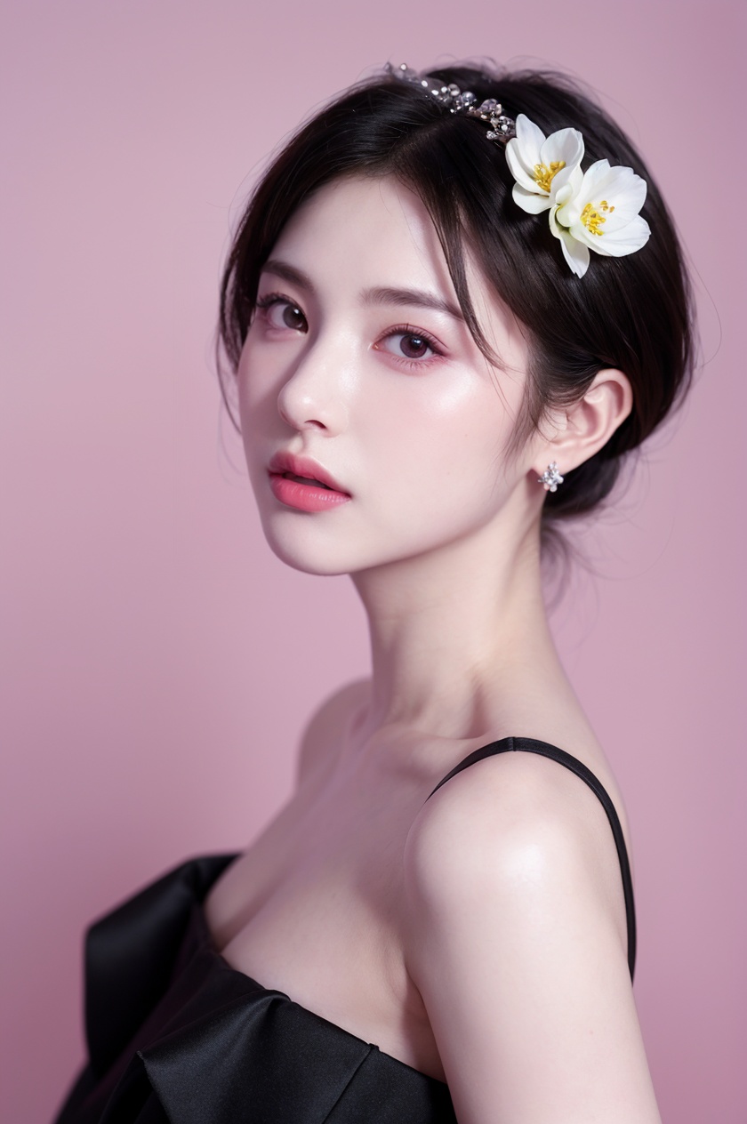 1girl, solo,(front view:1.2),(looking_at_viewer:1.4),(eye-contact:1.4),,black hair, short hair, jewelry, realistic, earrings, hair ornament, black eyes, lips, collarbone, parted lips, flower, watermark, upper body, portrait, hair flower, dress, web address, <lora:LH_zrV2:0.75>, <lora:YG红颜阁美女1:0.75>,