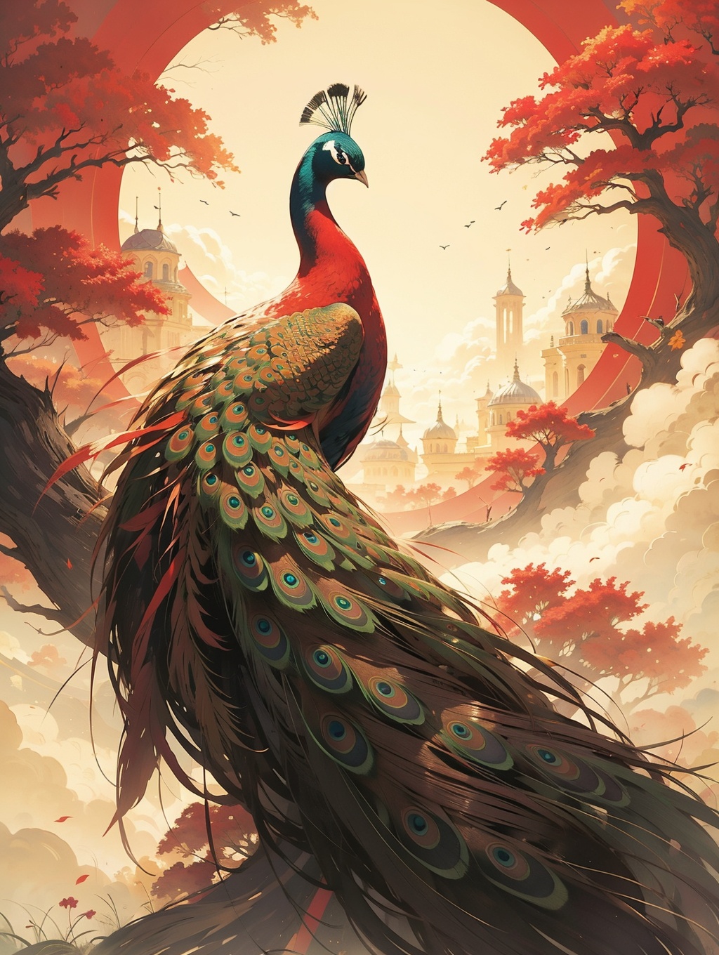 a beautiful peacock on a red background,JHJH 