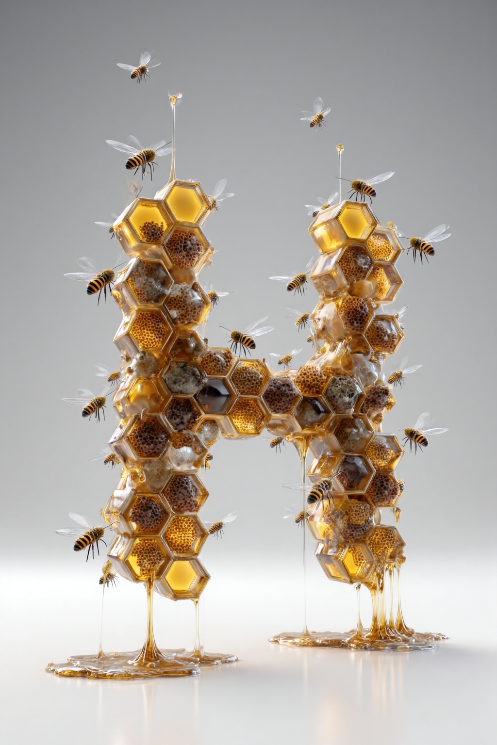 beijihui,3D icon design of letter 'H',**** of hexagonal honeycomb geometry with golden beeswax sheen,hyperrealistic,hyperdetail,front view,studio lighting,100mm lens,white solid background,