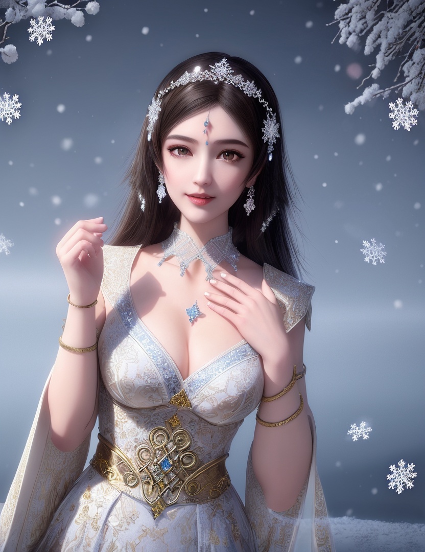 ultra realistic 8k cg, flawless, clean, masterpiece, professional artwork, famous artwork, cinematic lighting, cinematic bloom, perfect face, beautiful face, fantasy, dreamlike, unreal, science fiction,   lace, lace trim, lace-trimmed legwear, luxury, jewelry, diamond, gold, pearl, gem, sapphire, ruby, emerald, intricate detail, delicate pattern, charming, alluring, seductive, erotic, enchanting, hair ornament, necklace, earrings, bracelet, armlet,halo,autumn,((,1girl, pov,best quality, ))  , ((((1girl, solo,outdoors, large breasts,,snowflakes,  snow, snowing,   ))))    <lora:DA_BaiCai:0.7>