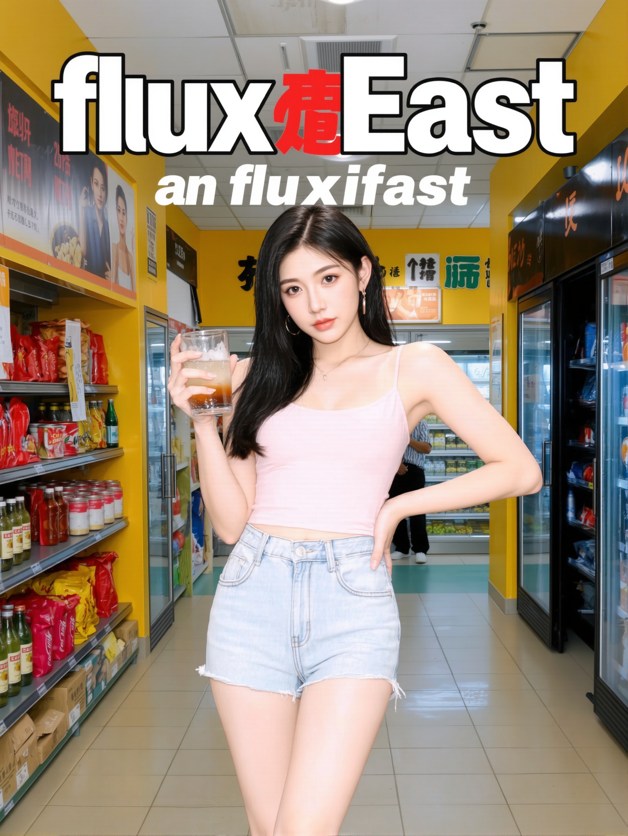 This is a clear,modern image with a stylish aesthetic. In the picture,there is a young woman wearing a pink **** top and denim shorts,holding a drink in one hand and resting her other hand on her hip,displaying a confident stance. Her eyes are looking at the camera,and her expression is natural. She has a slim figure and fair skin. Her hair is black and falls over her shoulders. The pink **** top she is wearing is simple and generous,while the denim shorts are fashionable and casual. The background features a supermarket with shelves stocked with various goods,including snacks and drinks. The supermarket walls are yellow,adorned with advertisements and signage. Overall,the image gives a sense of everyday life and reality.,There is a prominent artistic font above the picture,which reads' fluxEast 'in English,