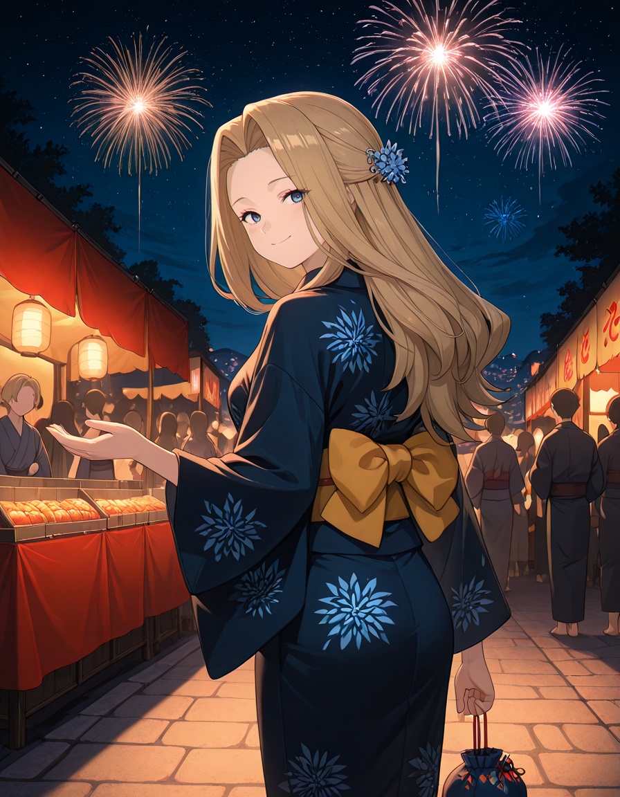 masterpiece, best quality, amazing quality, night,1girl, standing, crowd, hair ornament, smile, from behind, looking at viewer,<lora:methode-sousou_no_frieren_s2-ixl-anime-soralz:1>, methode (sousou no frieren), long hair, blonde hair, curtained hair, blue eyes, city lights, reaching towards viewer, half updo,yukata, obi, kinchaku, fox maslk, hair ornament, smiling, blush, festival, summer festival, matsuri, night, lantern, fireworks, food stand, traditional clothes, japanese clothes, print yukata, closed mouth, BREAKfaceless male, faceless female,, <lora:StS-Illustrious-Detail-Slider-v1.0:3>