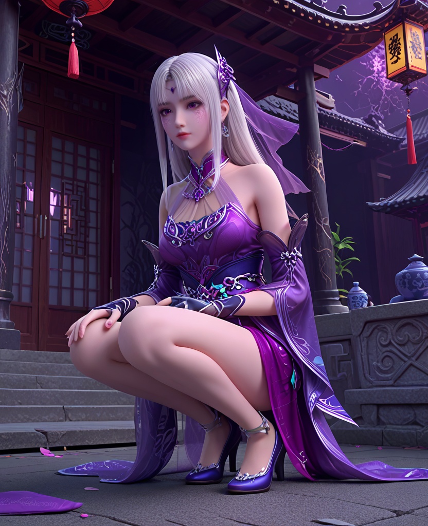 (oriental architecture, elegant decor, sophisticated style:1.1),(Crouch and Ready, Squatting down, hands on the ground, ready to launch into action,:1.1),(breasts:1.2),<lora:XL斗破苍穹小医仙P:0.85>,elder sister,purple dress,white hair,bangs,hair ornament,bare shoulders,brown eyes,purple veil,jewelry,fingerless gloves,blue footwear,sash,cracked skin,purple eyes,, score_9,score_8_up,score_7_up,score_6_up,score_5_up,score_4_up,3d rendering,tag1,tag2, Cinematic Lighting,backlighting,