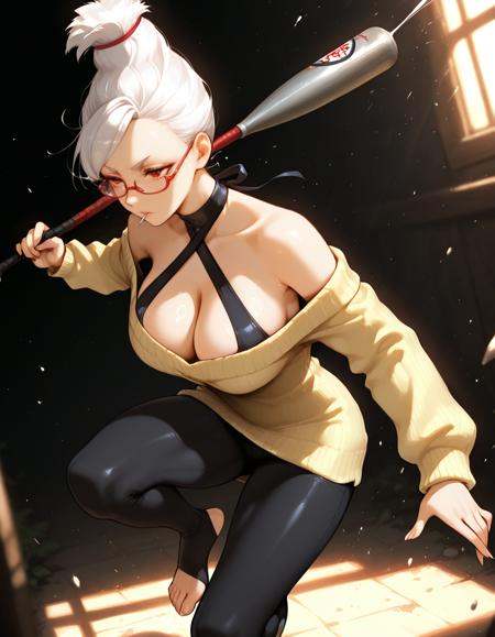 masterpiece,  best quality, 1girl, solo,  absurdres, large breasts, SeikoDG,red eyes, white hair, red-framed eyewear,halterneck, yellow sweater, off-shoulder sweater, toeless legwear,holding bat, high up , counterattacking with a sweeping low kick, opponent mid-fall, side angle, , blurry background, glowing, light particles,embedding:SmoothQuality, 