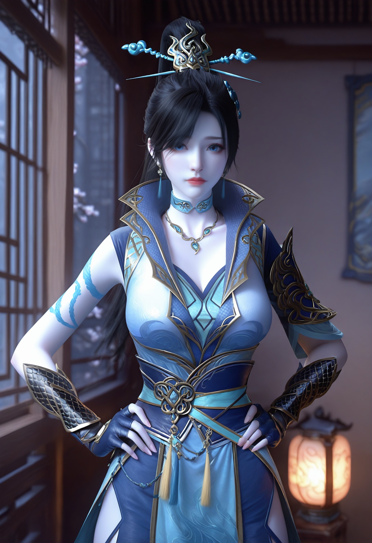 Qing_ling,1girl,jewelry,earrings,hair ornament,blue eyes,black hair,hair bun,necklace,single hair bun,looking at viewer,tattoo,hair stick,high ponytail,cowboy shot,<lora:Qing_ling_10_illu-000004:0.75>,gloves,fingerless gloves,collar,official alternate costume,chinese clothes,sash,blue dress,choker,hip vent,scales,photorealistic,hyperrealistic,<lora:realistic filter [IL]:1>,(pale skin:1.1),looking at viewer,standing,hands on hip,lantern,open window,looking at viewer,indoors,mountains,blossoms,flowers,east asian architecture,beautiful sunrise,warm ambient temperature,