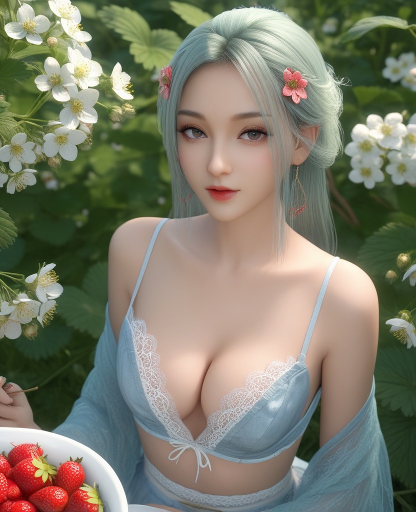 <lora:571-DA-XL-眷思量-奉眠:0.8>(,1girl, ,best quality, ),looking at viewer,masterpiece, (( , )),ultra realistic 8k cg, ,    ,cleavage,strawberry blossoms,lace , (cleavage), (),