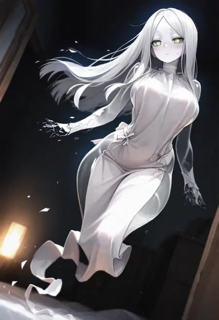 1girl, 20yo, solo, ittanmomenmge, long hair, green eyes, ghost tail, wind, white apron, floating, no hands, white skin, colored skin, see-through, ghost, naked apron,blush, sweat, dark room, full body,looking at viewer,   detailed background, dynamic angle,masterpiece, absurdres, best quality, ultra-detailed, newest, best quality, amazing quality, very aesthetic,  volumetric lighting,<lora:StS-Illustrious-Detail-Slider-v1.0:3>  <lora:illustrious_quality_modifiers_masterpieces_v1:0.5> <lora:ittanmomenmge-000011:1>