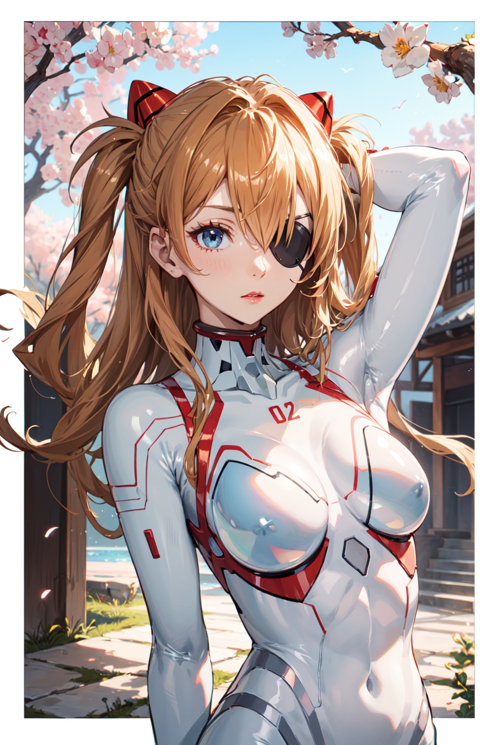 <lora:Asuka-000018:0.8>,Asuka CYQL,1girl,looking at viewer,solo,long hair,blue eyes,interface headset,brown hair,orange hair,hair between eyes,two side up,medium breasts,(Asuka White,eyepatch,plugsuit,bodysuit,white bodysuit,skin tight),(shy:1.2),beautiful face,beautiful eyes,glossy skin,shiny skin,(upper_body,foreshortening,stretching:1.2),hand in panties,Cherry blossoms, Garden path, Dawn light, Sakura petals, Tranquil setting, Japanese elegance,Cosmos flowers,beautiful detailed sky,beautiful detailed glow,(English text:1.3),(border:1.5),posing in front of a colorful and dynamic background,(masterpiece, best quality, beautiful and aesthetic:1.3),contrapposto,female focus,fine fabric emphasis,wallpaper,fashion,Lipstick,depth of field,intricate_detail,finely_detailed,fine_fabric_emphasis,(glossy),<lora:增强减少细节add_detail:0.3>,