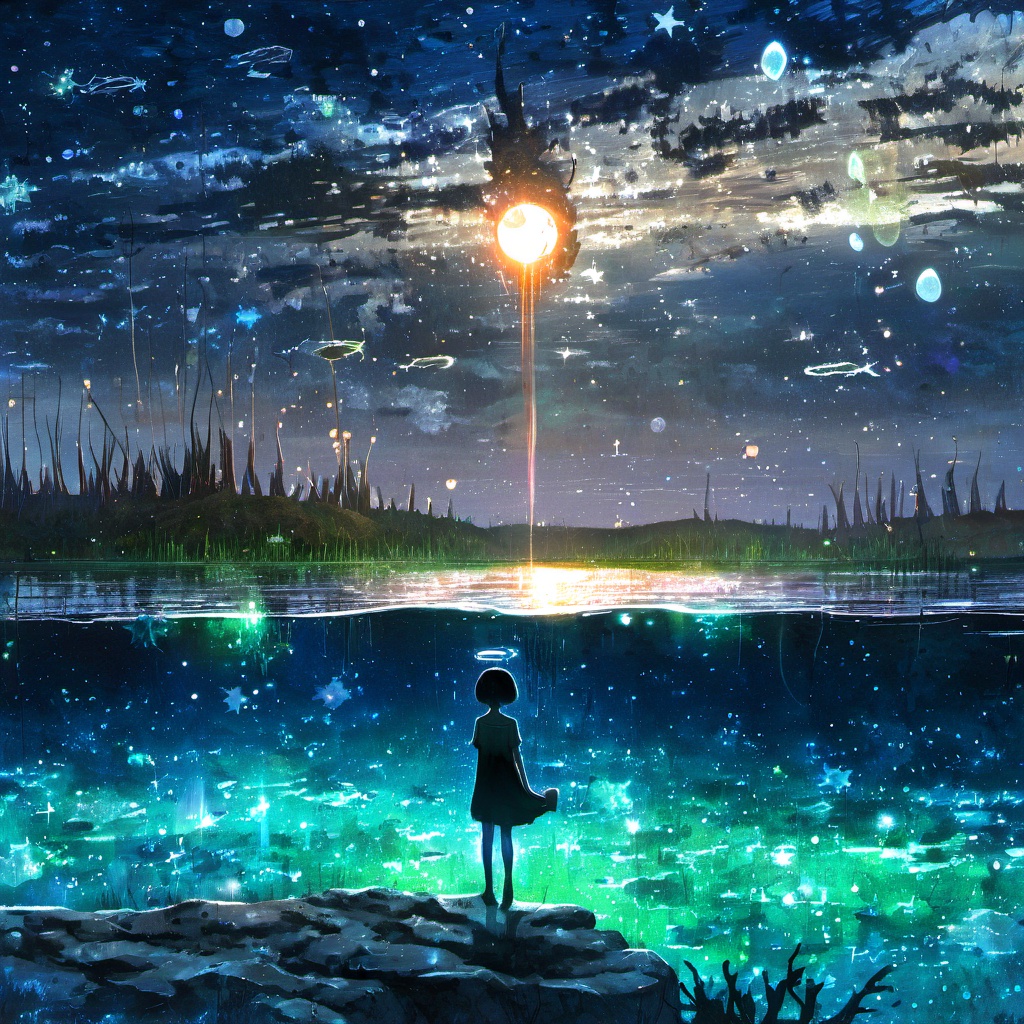 <lora:star_xl_v2:1>,a painting of a deer standing in the middle of a field with stars and a sky filled with stars, 1girl, solo, short hair, dress, outdoors, sky, cloud, water, night, glowing, halo, moon, star \(sky\), night sky, scenery, starry sky, city, fantasy, horizon, cityscape, surreal, city lights, whale, black hair, standing, building, fish, The image portrays a surreal and vibrant cosmic scene. Dominating the center is a radiant blue celestial body, possibly a star or a planet, surrounded by a myriad of stars, nebulae, and other cosmic elements. Above this, there's a vast expanse of space filled with stars, and a few celestial bodies, including a moon or planet, can be seen. The foreground features a landscape that appears to be a mix of rocky terrain and water. There are two figures in the foreground: one is a child with a glowing green aura, standing on a rock, and the other is a small creature with a greenish hue, floating near the water. The entire scene is bathed in a soft, ethereal light, creating a dreamlike atmosphere.