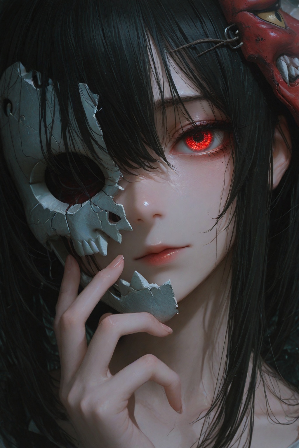 masterpiece, asymmetric, abstract painting, close up, 1girl, half oni mask, half face, broken mask, missing mask parts, holding mask
