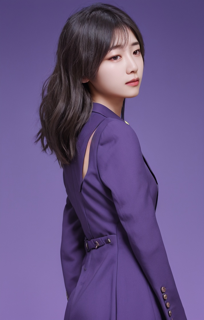 1girl,hair with bangs,black long dress,purple background,suit,