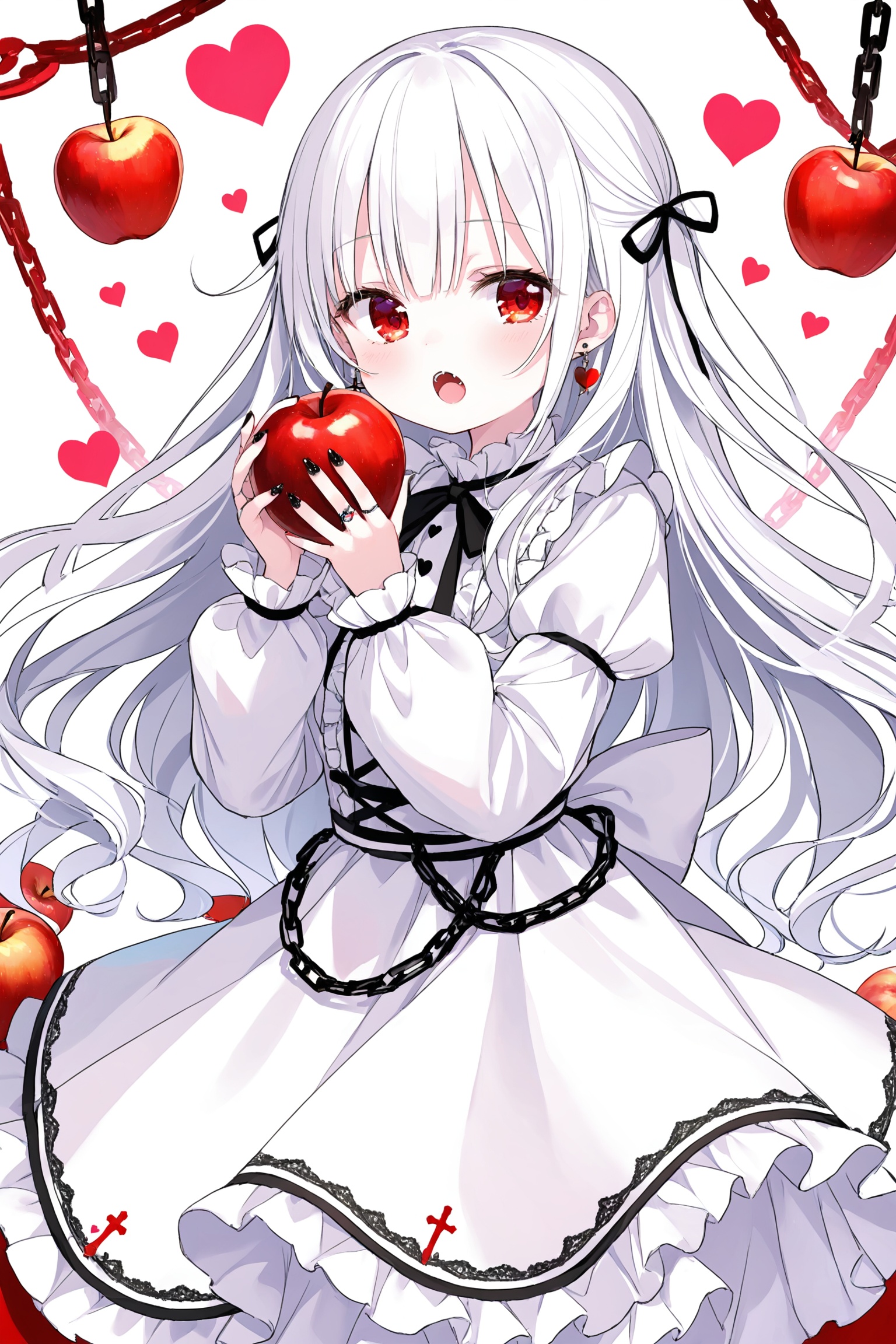 1girl,loli,solo,long hair,looking at viewer,open mouth,bangs,red eyes,long sleeves,dress,ribbon,holding,jewelry,very long hair,white hair,heart,earrings,frills,food,puffy sleeves,nail polish,white dress,fruit,chain,fangs,wavy hair,ring,cross,holding food,apple,holding fruit,cross earrings,white theme<lora:emyakora 1.0:0.5>,