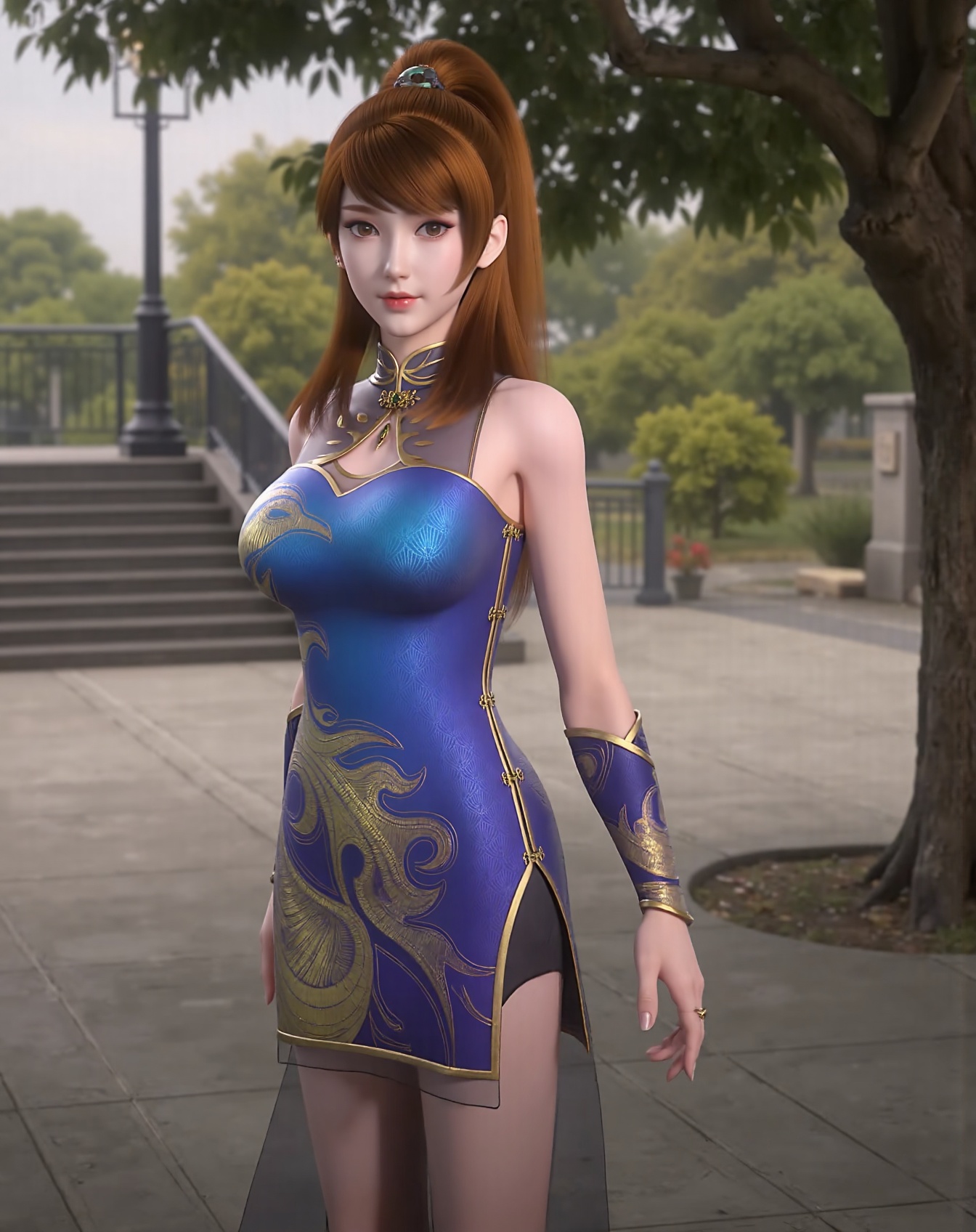 Tutu Aurora 8D Pantyhose (the name is a trigger word), (masterpiece, best quality, sharp focus, depth of field, dutch angle), Xiaoninger, long straight brown hair in high ponytail with side braid, pale skin, red lips, slender Asian woman, elegant blue and gold qipao dress with intricate patterns, a high collar, sleeveless design, gold accents, knee-high boots, delicate black thigh-high stockings, looking at viewer, outdoors, full body, looking back, tree, stairs, railing, lamppost, Depth of Field Tutu Aurora 8D Pantyhose.