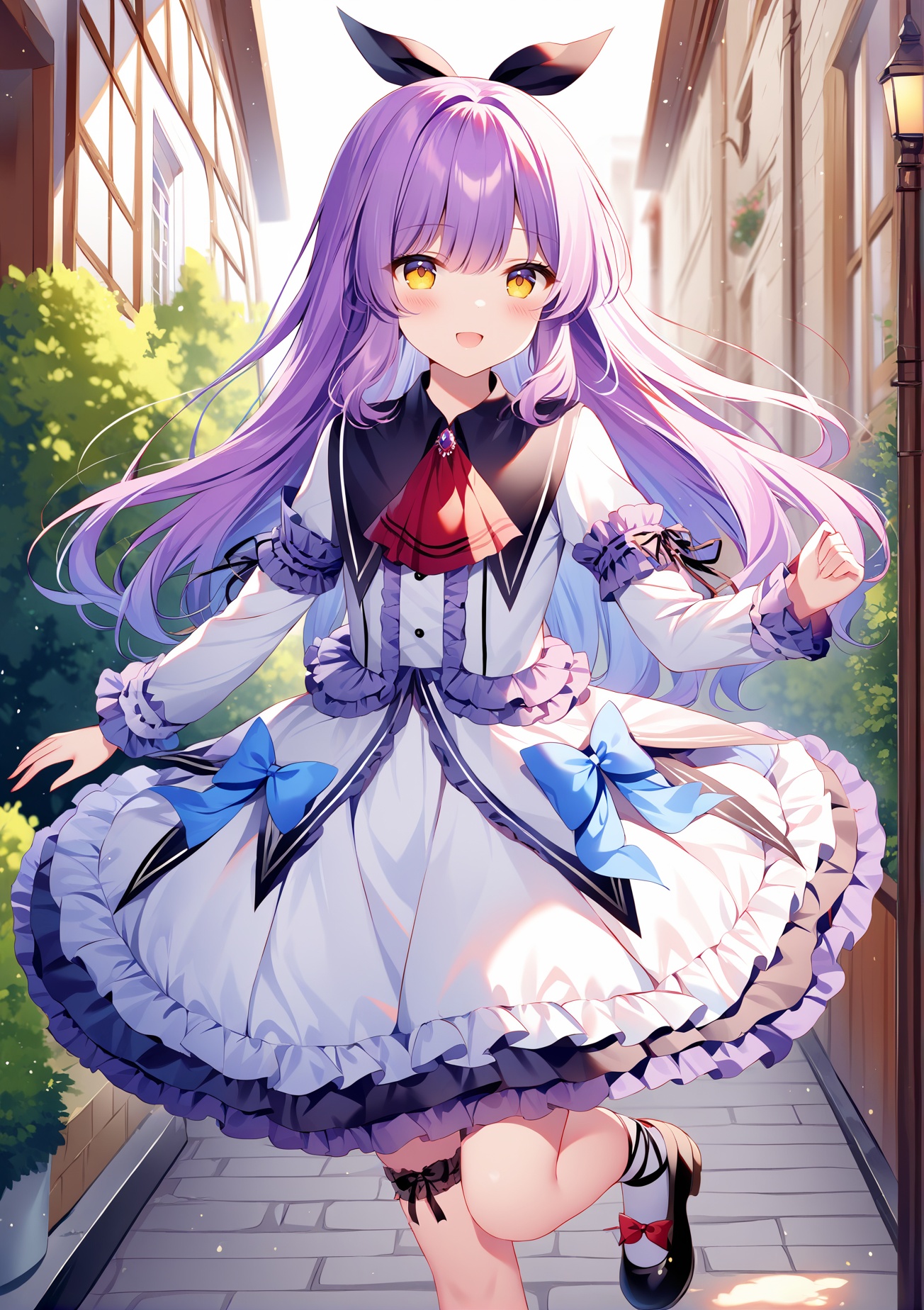 (masterpiece), (best quality), illustration, ultra detailed, hdr, Depth of field, (colorful),[rimuu:0.6, sheya:0.5,haneru,]Renne(lo), frilled dress,lo shoes,frilled socks,leg ribbon, frills,red ascot,blue bow,white dress,1girl,purple hair,long hair,hair ribbon,yellow eyes,smile,street,  garden,standing,standing on one leg, <lora:RenneloXLAni3:1>