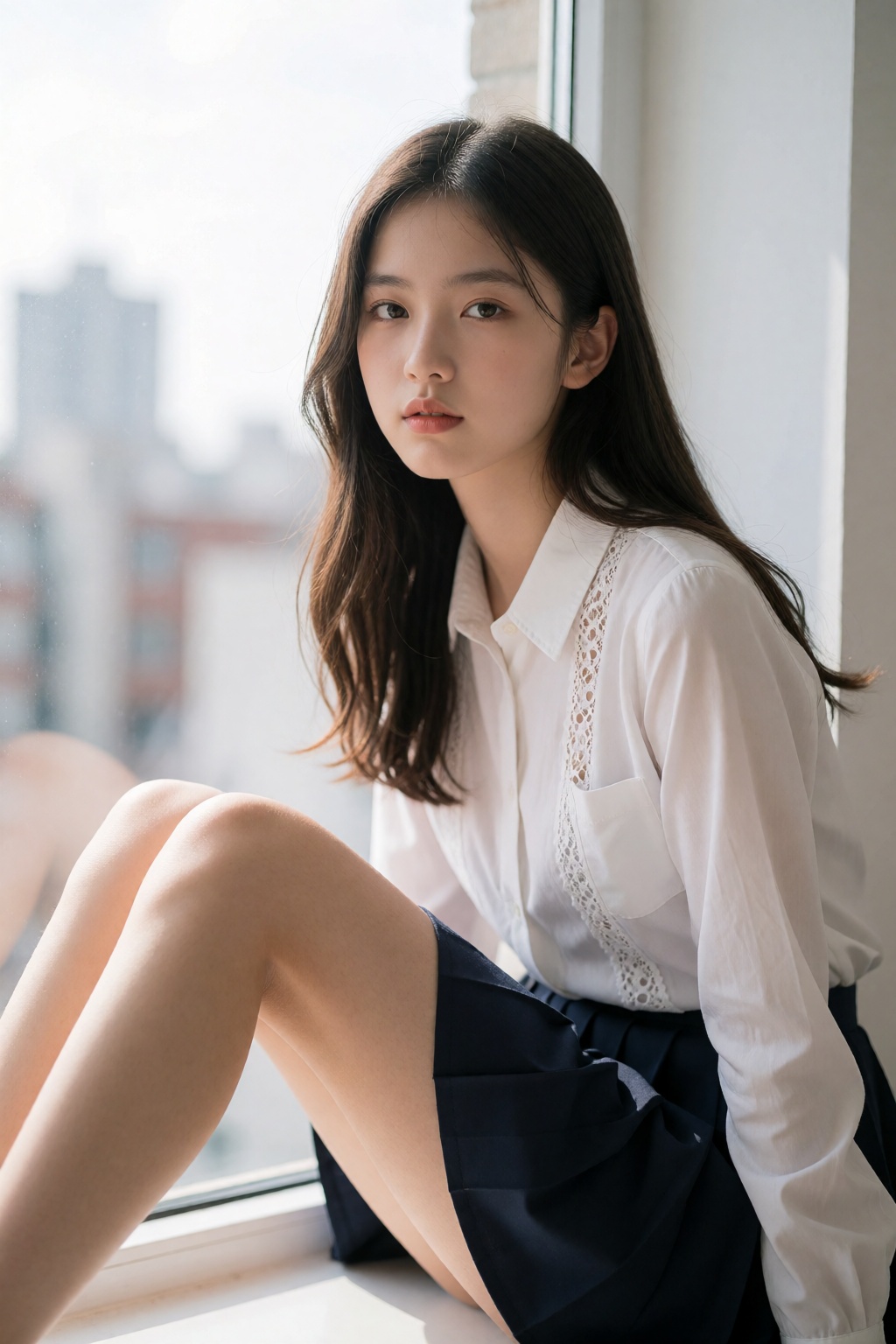 A young Asian woman,  estimated age range 18-25,  sits gracefully on a sunlit windowsill. She has long on Tensor.Art