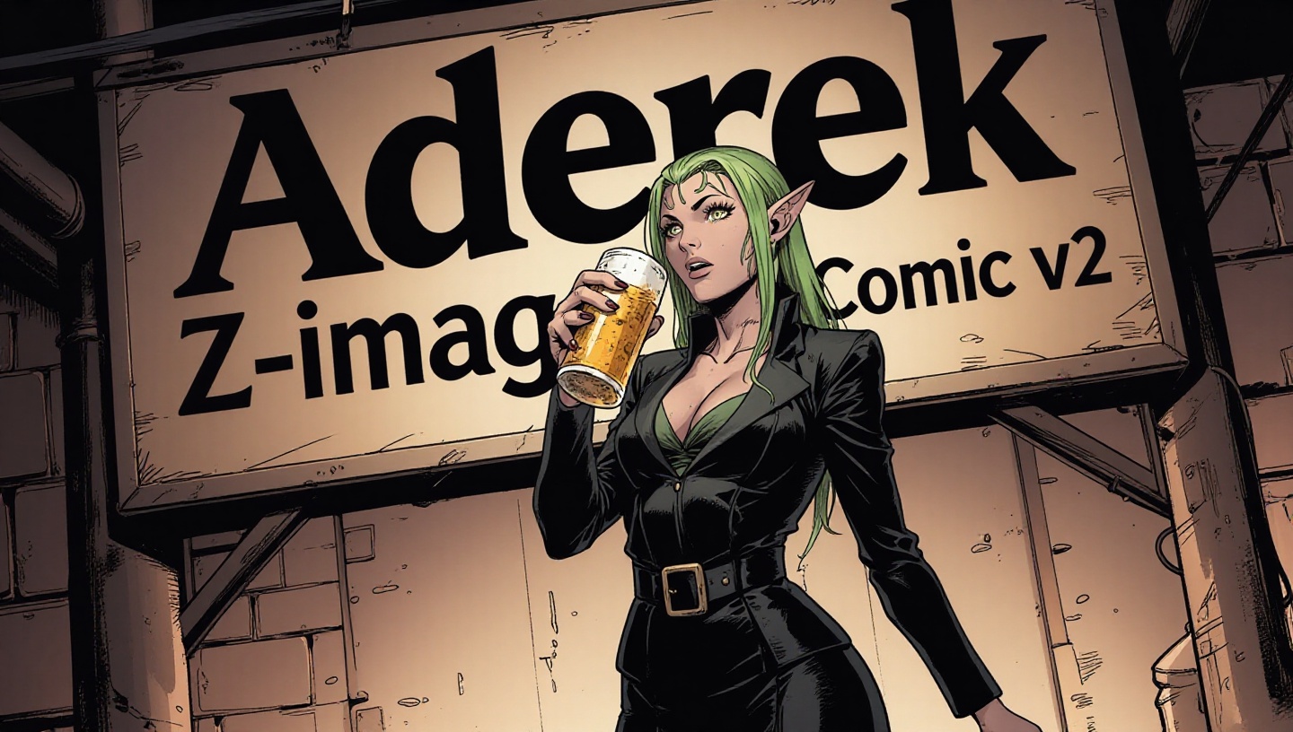 (comic book page),  female elf with beer,  black suit on Tensor.Art