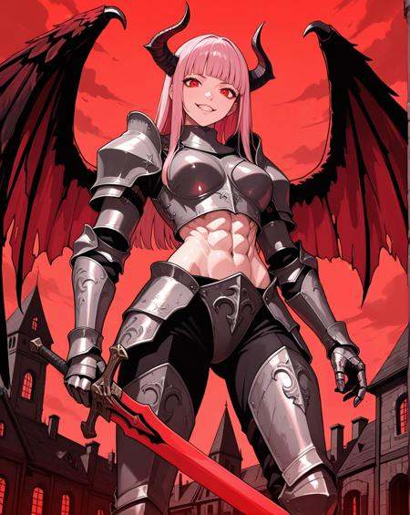 masterpiece, best quality, very aesthetic, newest, absurdres, 1girl, abs, long pink hair, red eyes, looking down at viewer, standing, wings, horns, evil grin, blunt bangs, holding sword, red sky, metal armor, medieval city