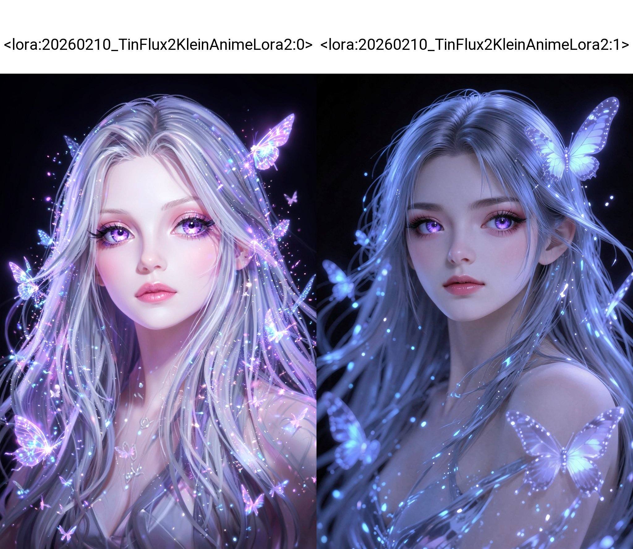 <lora:20260210_TinFlux2KleinAnimeLora2:0>, This is a highly detailed digital artwork of a young woman with ethereal features, resembling a fantasy character. She has fair, porcelain skin, large, expressive purple eyes, and long, flowing silver hair that blends with sparkling, luminescent butterflies and glowing particles. Her lips are painted a soft pink. The background is dark, making her luminous appearance stand out. The style is reminiscent of modern digital fantasy art, with a dreamy, otherworldly atmosphere.