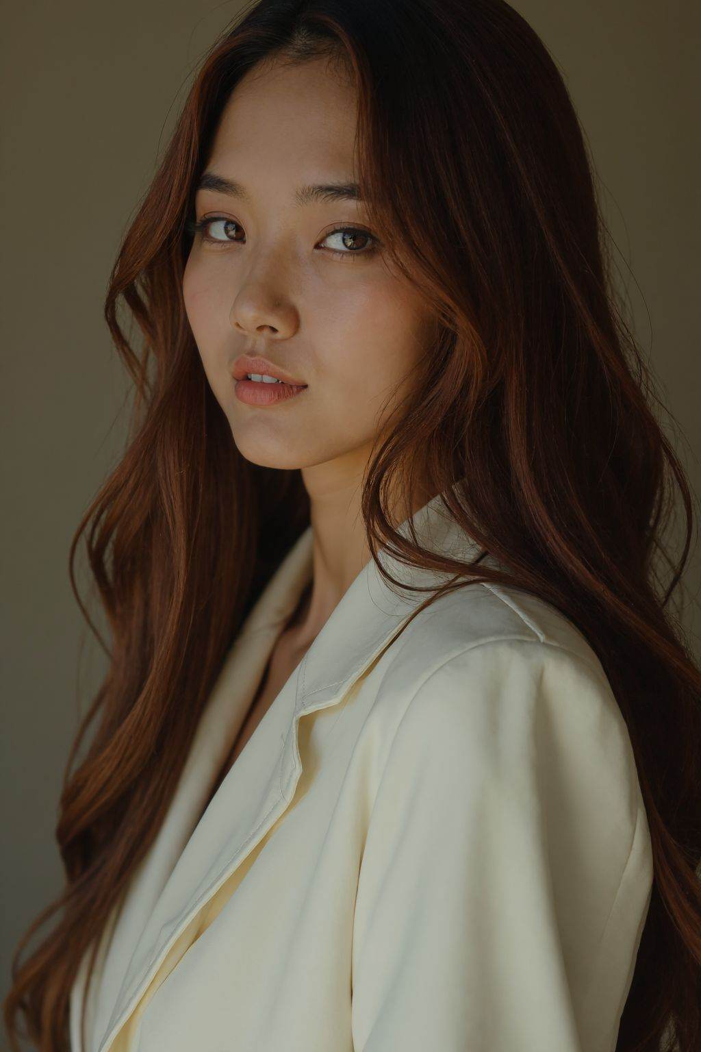 HDR photo of cinematic film still,  This is a photo of a young woman with long brown hair. He is wearing a white suit,  wi...