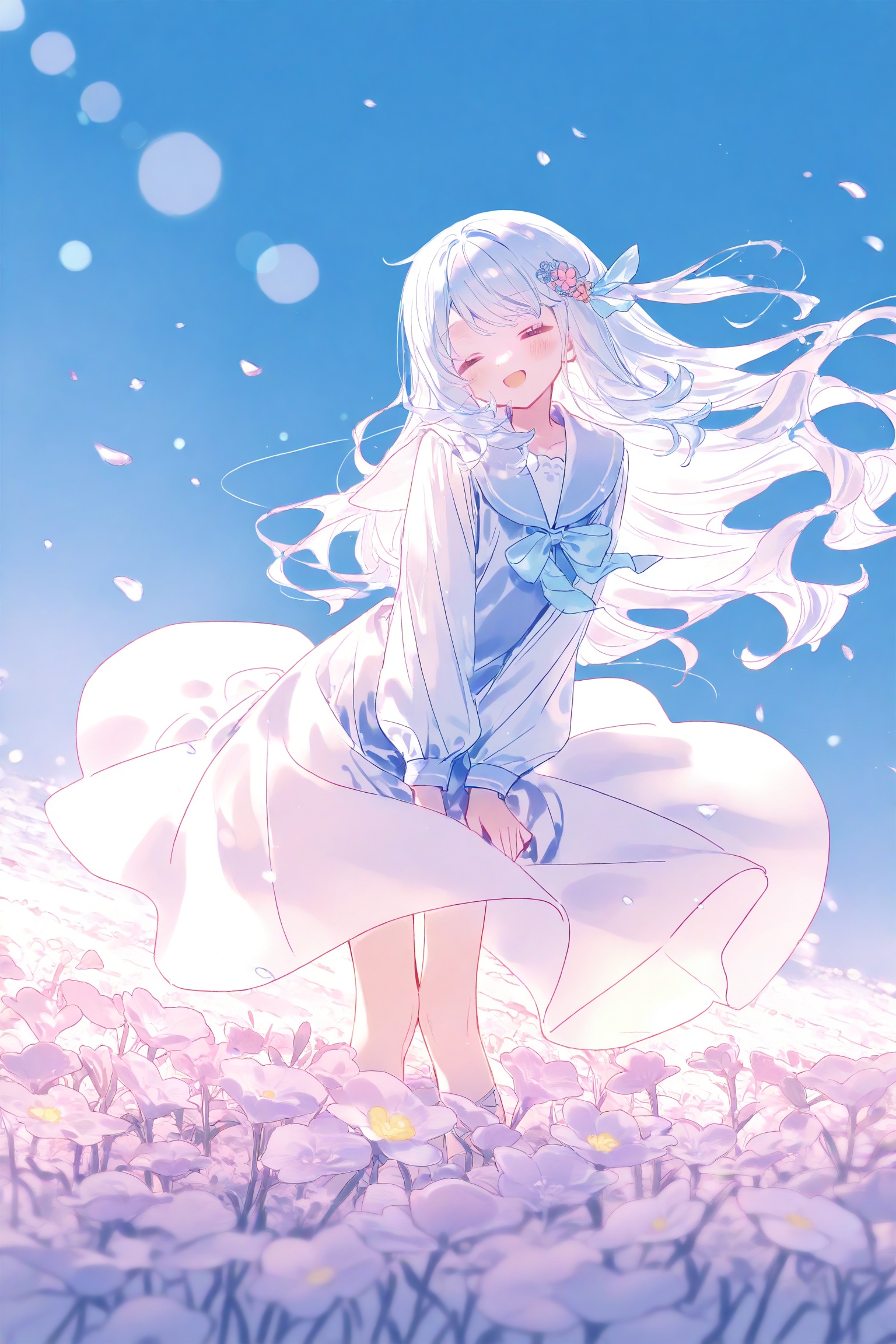 (cinematic lighting:0.4) (pastel color \(medium\):1.0) adorable 1girl standing on a vast flower field pale-white hair hair ornament (wavy long hair) lace white serafuku dress landscape beautiful blue sky head tilt bloom effect fantastic atmosphere overlooking magnificent view open mouth smile wind (petals) optical flare v-arms leaning forward the light gives off a dreamy glow blurred edges bokeh front view blurry (depth of field:1.2)<lora:lp22:0.8>