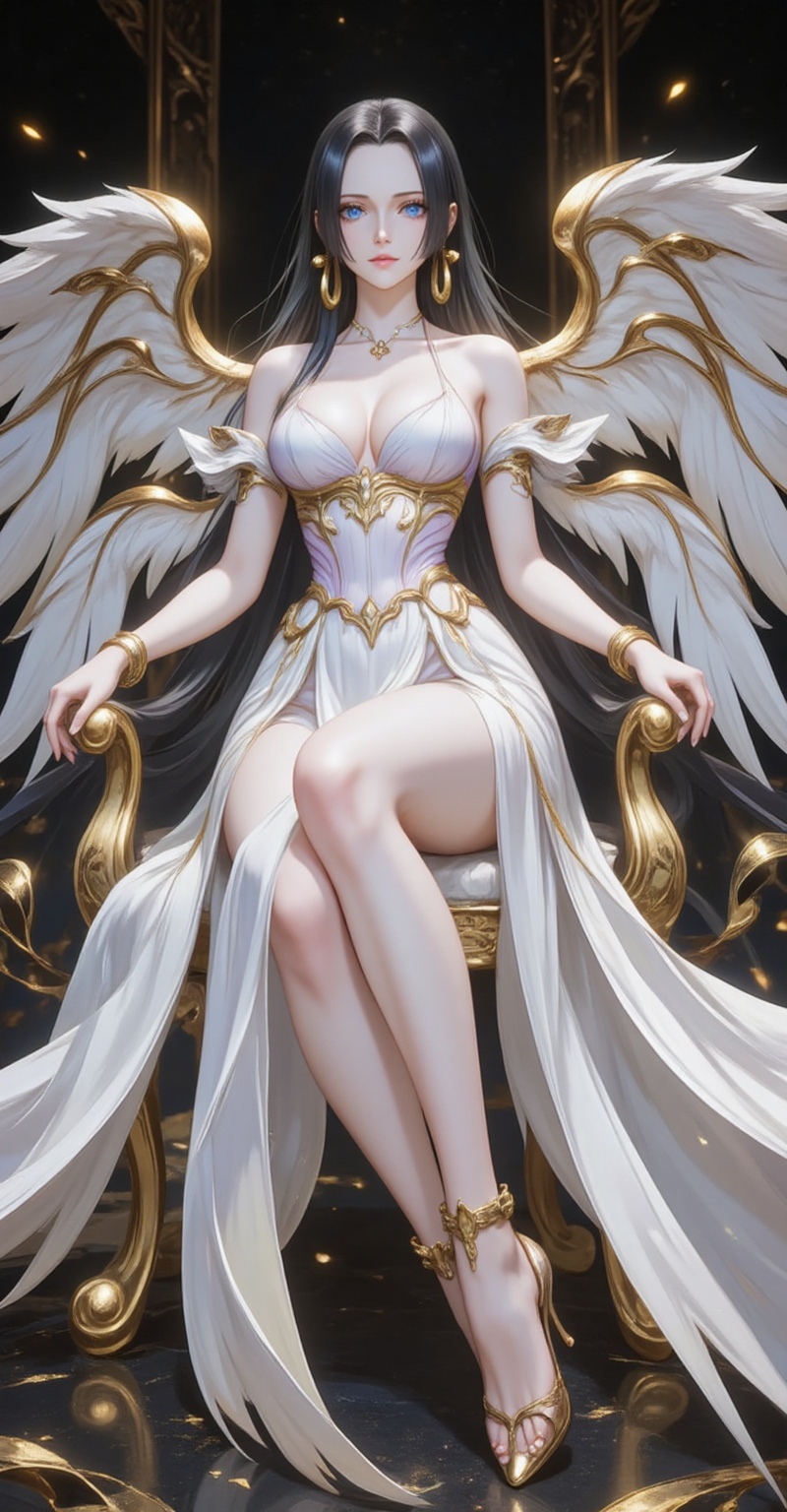 tianshi,nvdi,baoshi,lvjing,black hair,long hair,blue eyes,fair_skin,jewelry,earrings,1girl,wings,dress,angel wings,bracelet,jewelry,white dress,bare shoulders,feathered wings,full body,multiple_wings,large breasts,anklet,gold,high heels,sitting,crossed_legs,chair,long dress,