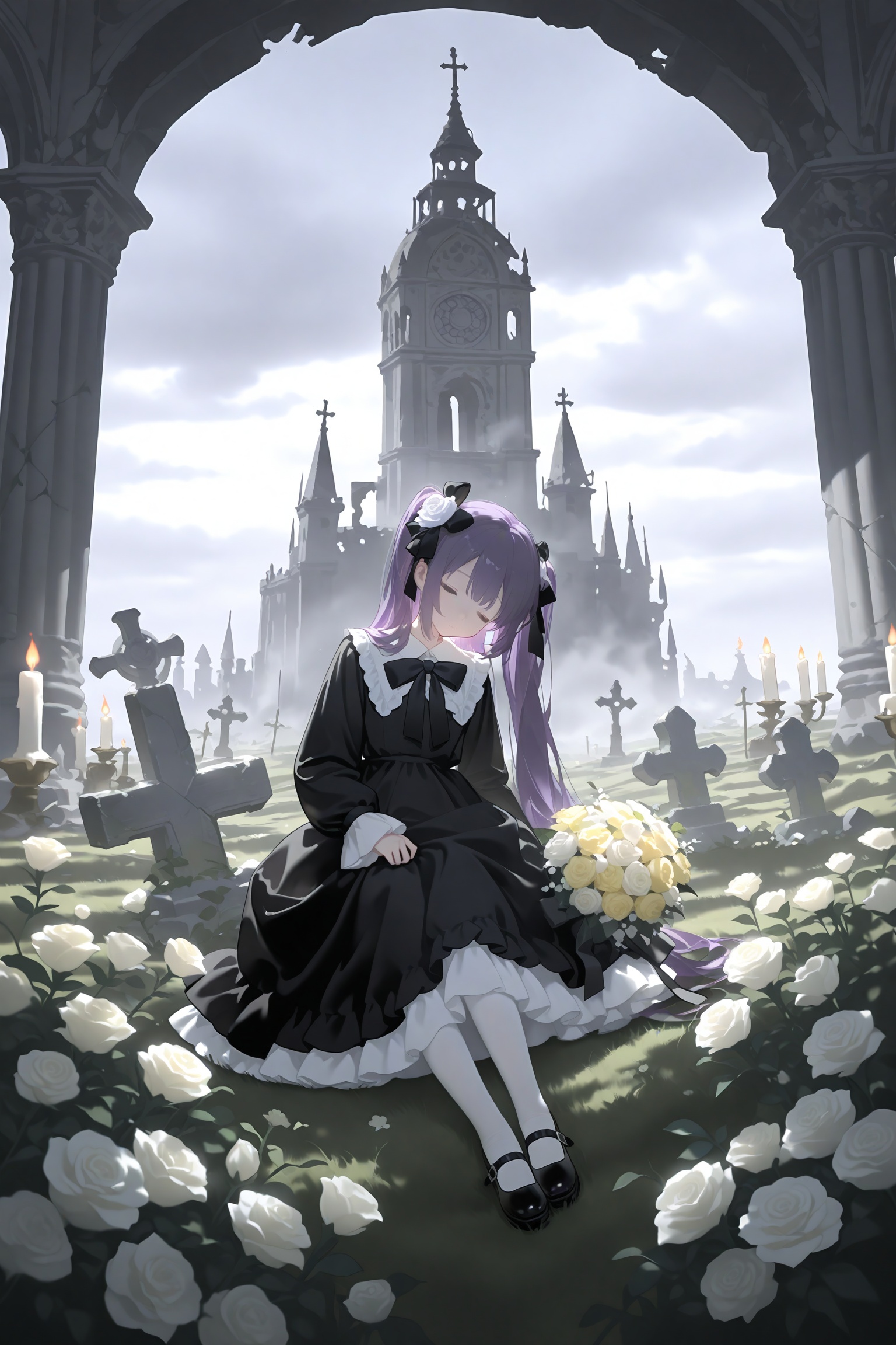 1girl,flower,candle,solo,hair flower,hair ornament,dress,closed eyes,long hair,white flower,puffy sleeves,long sleeves,puffy long sleeves,black dress,sitting,yokozuwari,bouquet,pantyhose,white pantyhose,closed mouth,sleeping upright,outdoors,sleeping,black footwear,tower,black bow,cloud,facing viewer,cloudy sky,yellow flower,bow,sleeves past wrists,white rose,shoes,lolita fashion,castle,sky,fire,ruins,grey sky,frills,tombstone,full body,purple hair,gothic lolita,very long hair,church,statue,rose,head tilt,fog,ribbon,pillar,leaning to the side,graveyar,