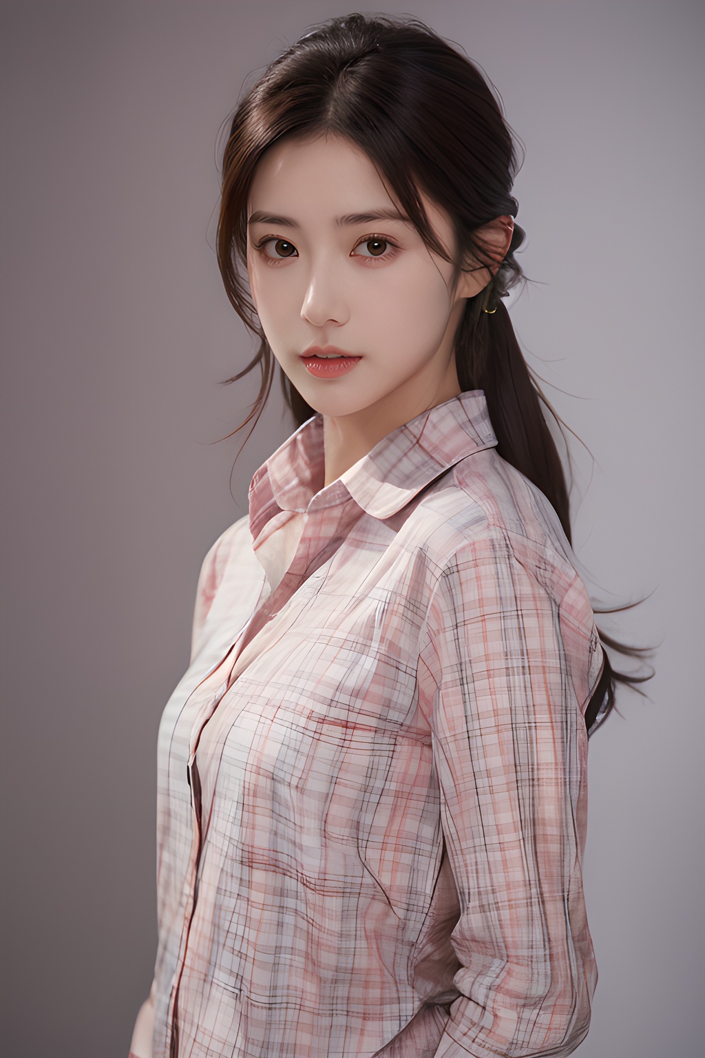 <lora:0808_08:0.7>,simple background,pink plaid_shirt,, 1girl,realistic,masterpiece, best quality, photorealistic, HDR,detail