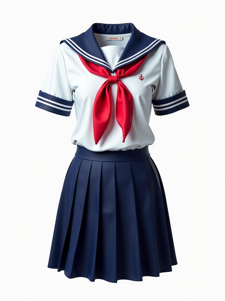 1girl anchor symbol arms behind back black skirt blue sailor collar blue skirt cowboy shot cropped torso gradient gradient background grey background head out of frame long hair midriff peek neckerchief no legs pleated skirt red neckerchief red neckwear sailor collar school uniform serafuku shirt short sleeves simple background skirt solo upper body white background white shirt,
