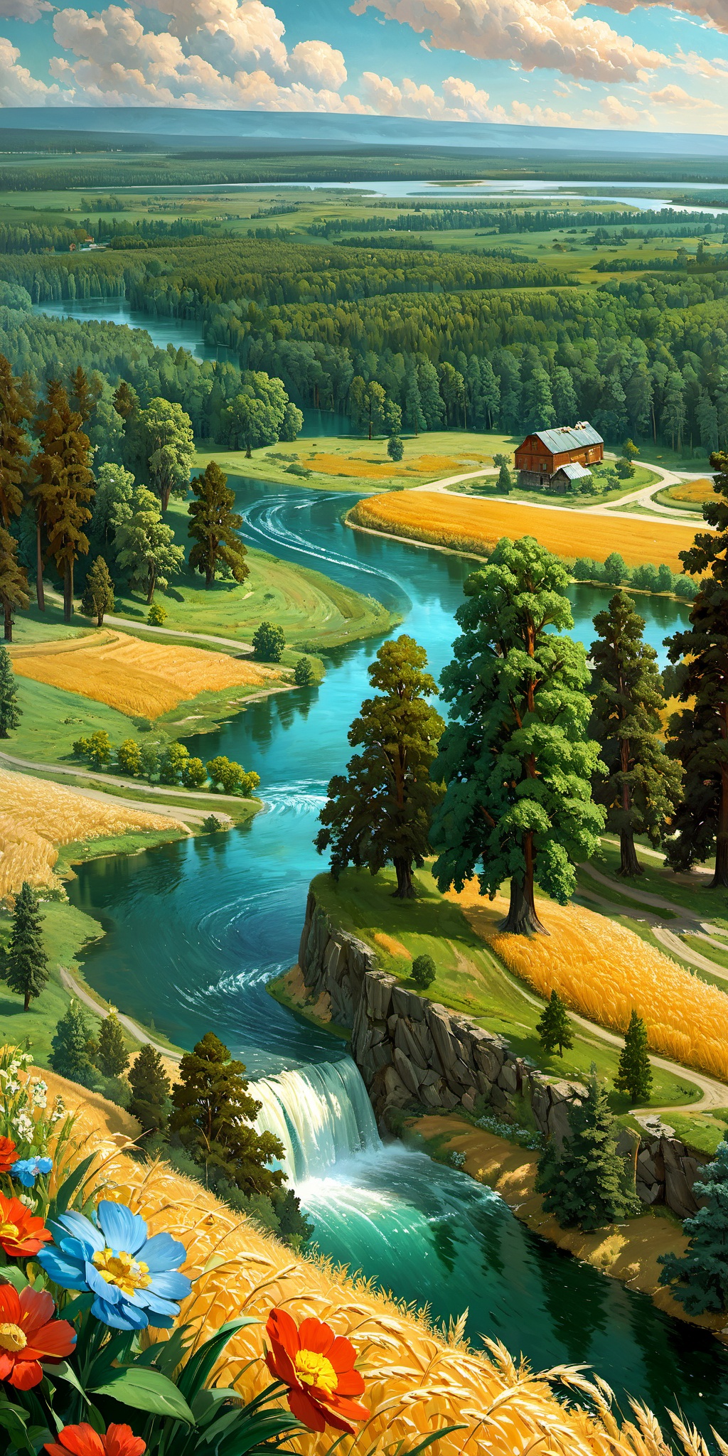 (Wheat), fields,ivan Shishkin,nature,trees,forest,water fall,sky,clouds,rock,lake,cloud,scenery,leafs,flowers,mountain at far,river,from above,countryside buildings at far,