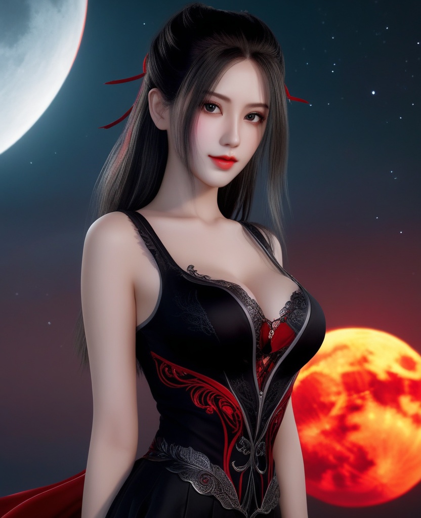 <lora:574-DA-XL-天行九歌-焰灵歌:0.8>(,1girl, ,best quality, ),looking at viewer,  ,,ultra detailed background,ultra detailed background,ultra realistic 8k cg,, ,masterpiece, (( , )),, ,science fiction,mole, ,    ,red moon, black rose,     (cleavage), (),