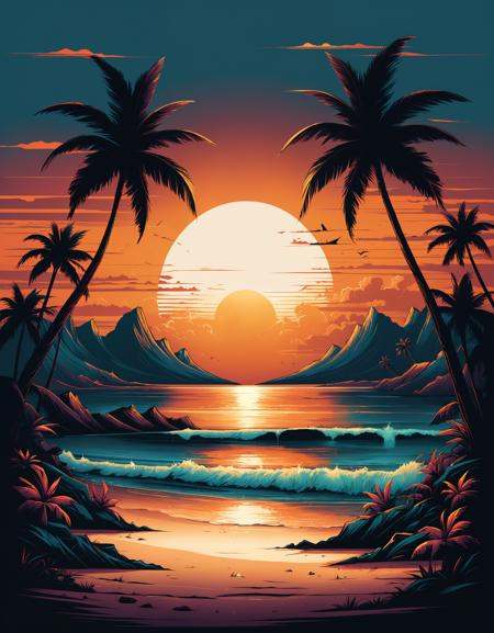 musical tropical vector illustration of sunset on the beach,  in the style of Dan Mumford,  vintage aesthetics on Tensor.Art