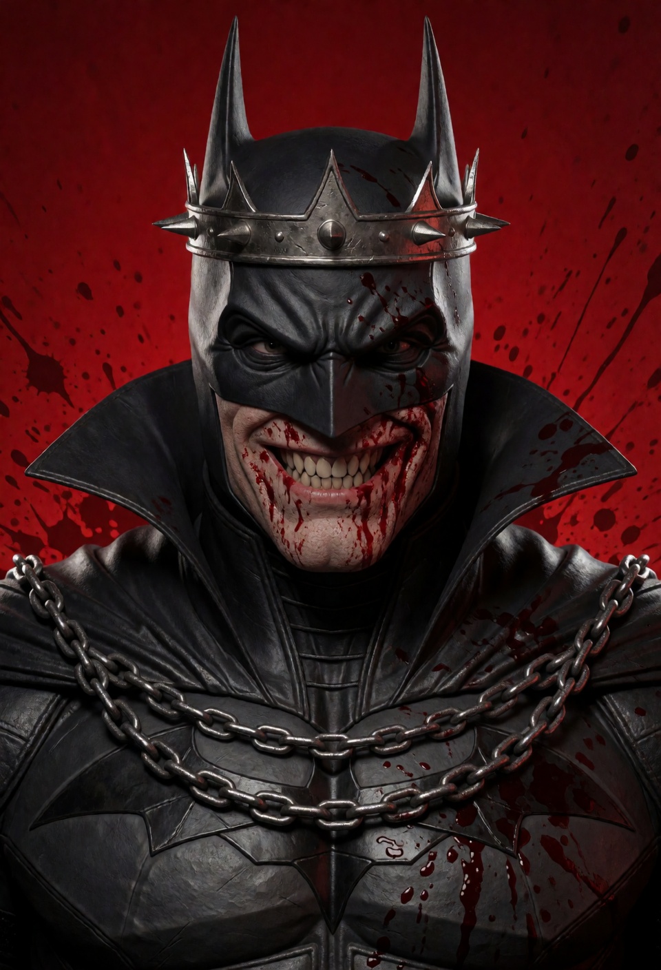 A realistic,  front-view portrait of a solo male character resembling a dark,  sinister version of Batman. He wears a blac...