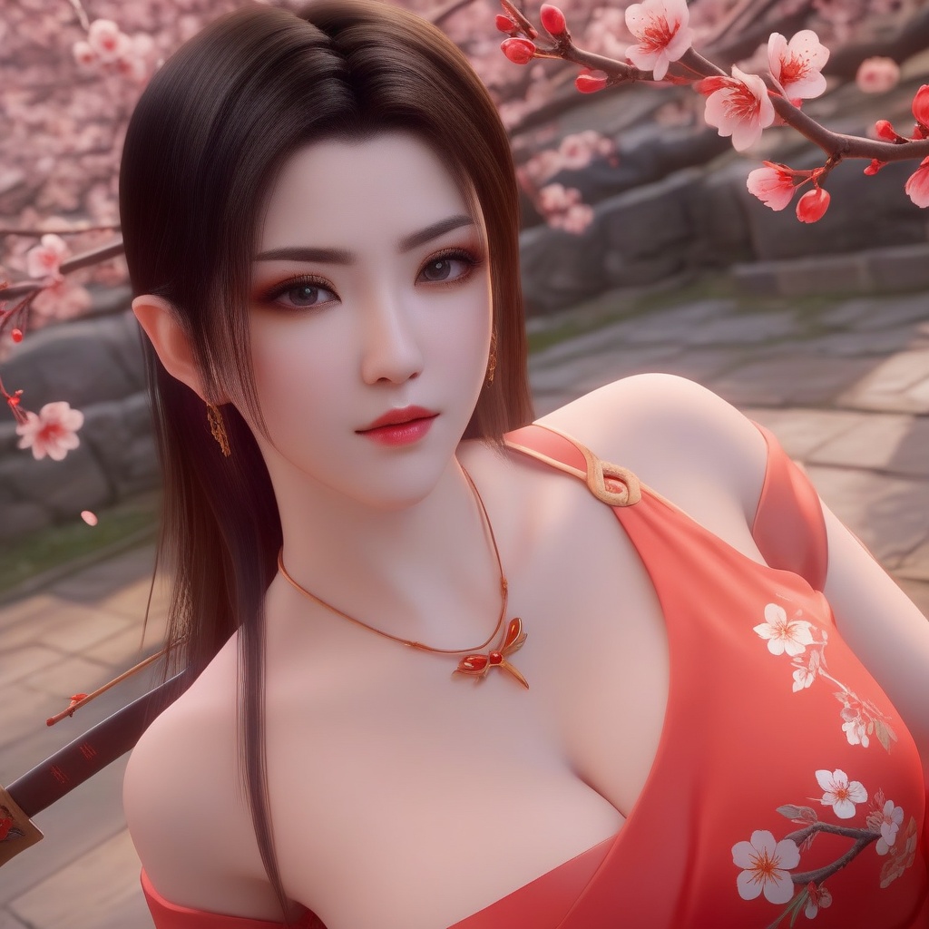 <lora:850-DA-XL-斗破苍穹-美杜莎-红色睡衣:0.8>, (,1girl, ,best quality, ),,  ,ultra realistic 8k cg,, ,masterpiece, (( , )),, ,   plum blossoms,    ,,  (cleavage),,  (), ,,