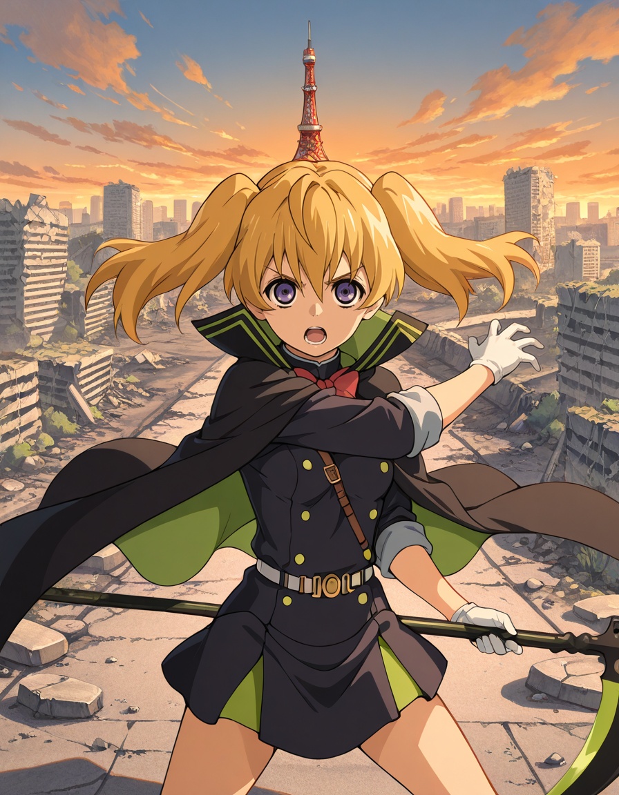 masterpiece, best quality, amazing quality, gradient background,1girl, looking at viewer, serious expression, sword, holding scythe, serious, outdoors, fighting stance, open mouth, solo, ruins, city, rocks, tall building, post-apocalypse, road, vegetation, bridge, tokyo tower, orange theme, cloud, cityscape, <lora:mitsuba_sanguu-owari_no_seraph_s2-ixl-anime-soralz:1>, mitsuba sanguu (owari no seraph), long hair, blonde hair, twintails, hair between eyes, purple eyes,military uniform, two-sided cloak, brown belt, double-breasted, (red bowtie:0.7), sleeves rolled up, white gloves, white belt, belt buckle, layered skirt,<lora:StS-Illustrious-Detail-Slider-v1.0:3>