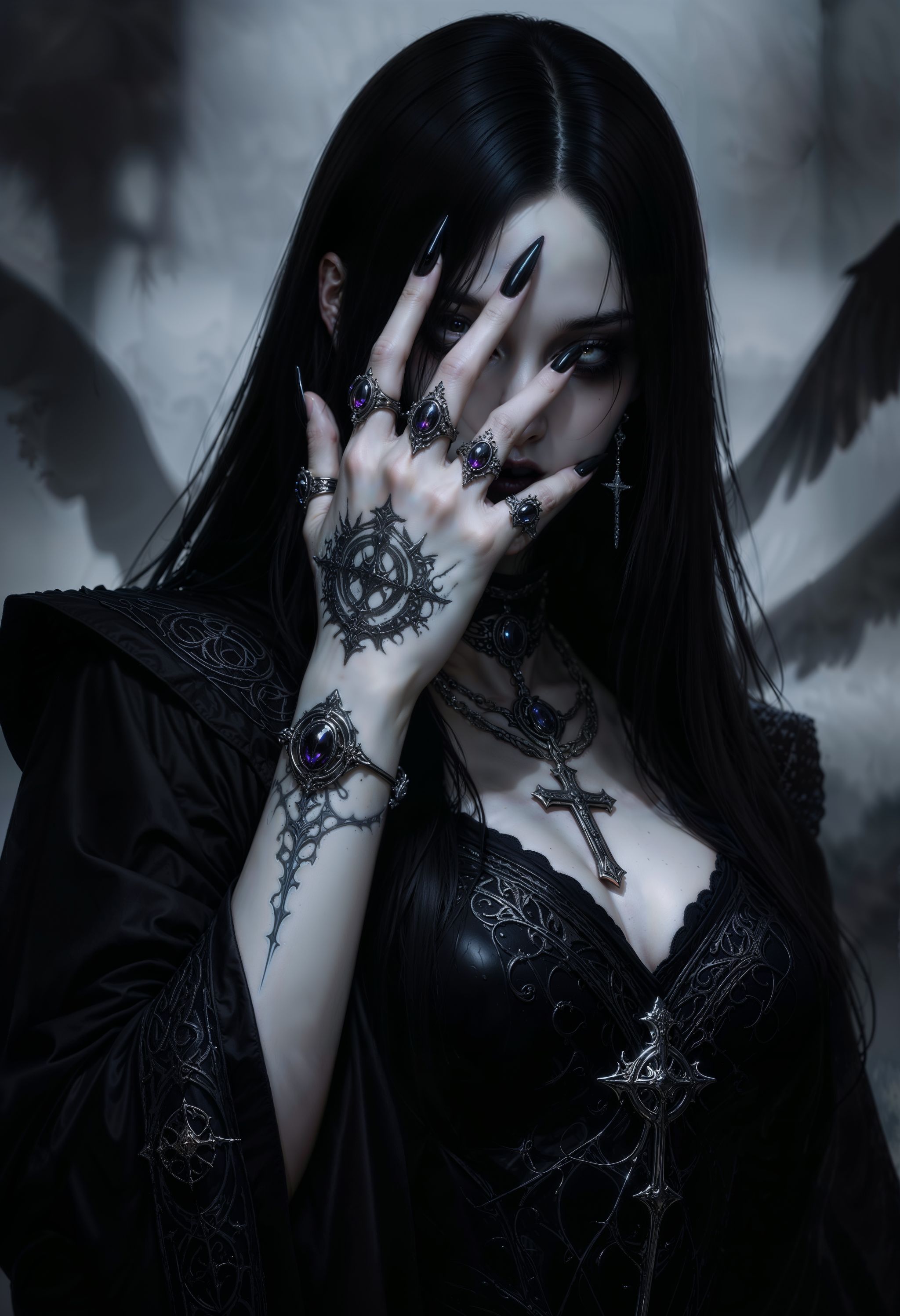 The photo depicts a powerful gothic sorceress,  her face partially hidden by her elegantly adorned hand. She has pale,  sl...