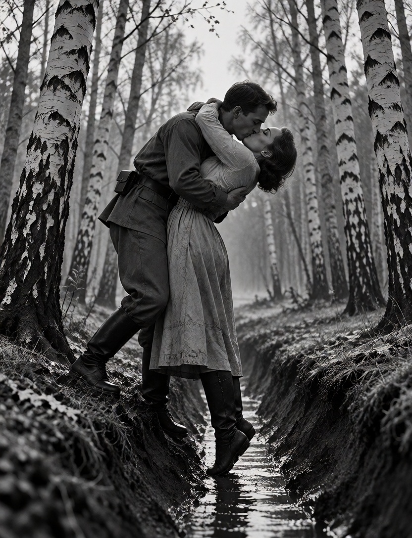A lyrical black and white cinematic scene,  a young ***** Soviet army officer passionately kissing a beautiful ***** woman...