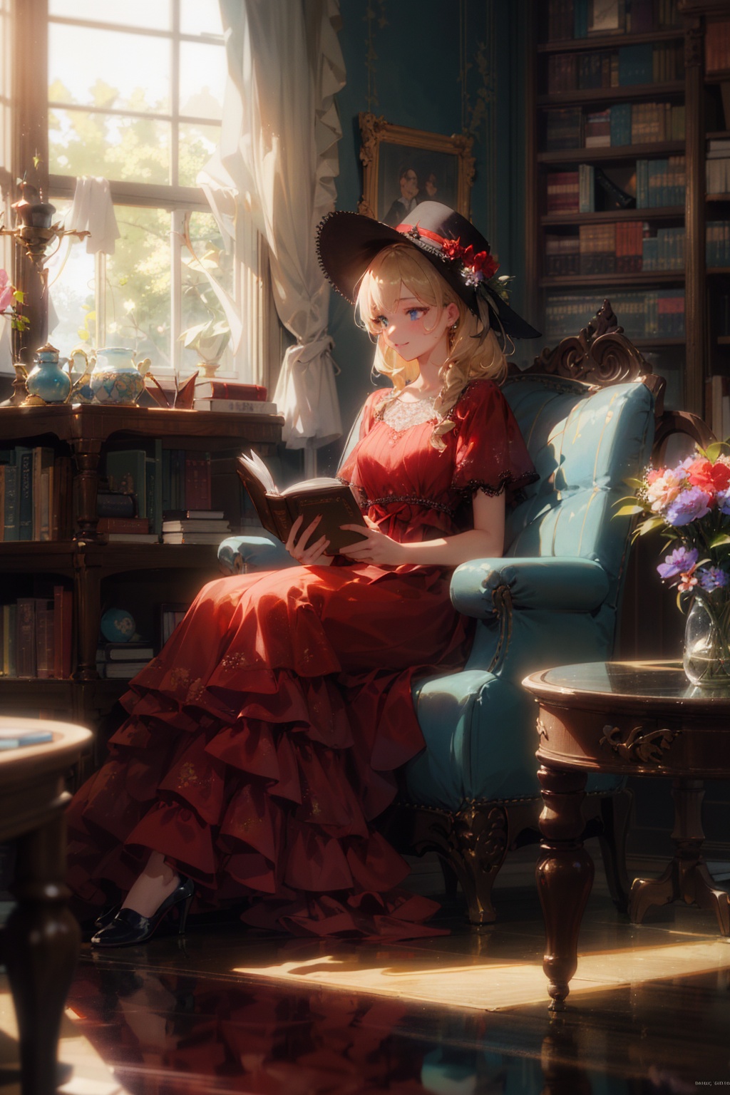masterpiece,best quality,ultra detailed,1girl,blonde hair,skyblue eyes,layered red maxi dress,Ball Gown,gothic hat,sitting,reading book,indoors,library,books,flower,glass vase,teacup,relaxed,light smile,looking away,sunlight,sun,(ray tracing),(ray tracing, reflection light),