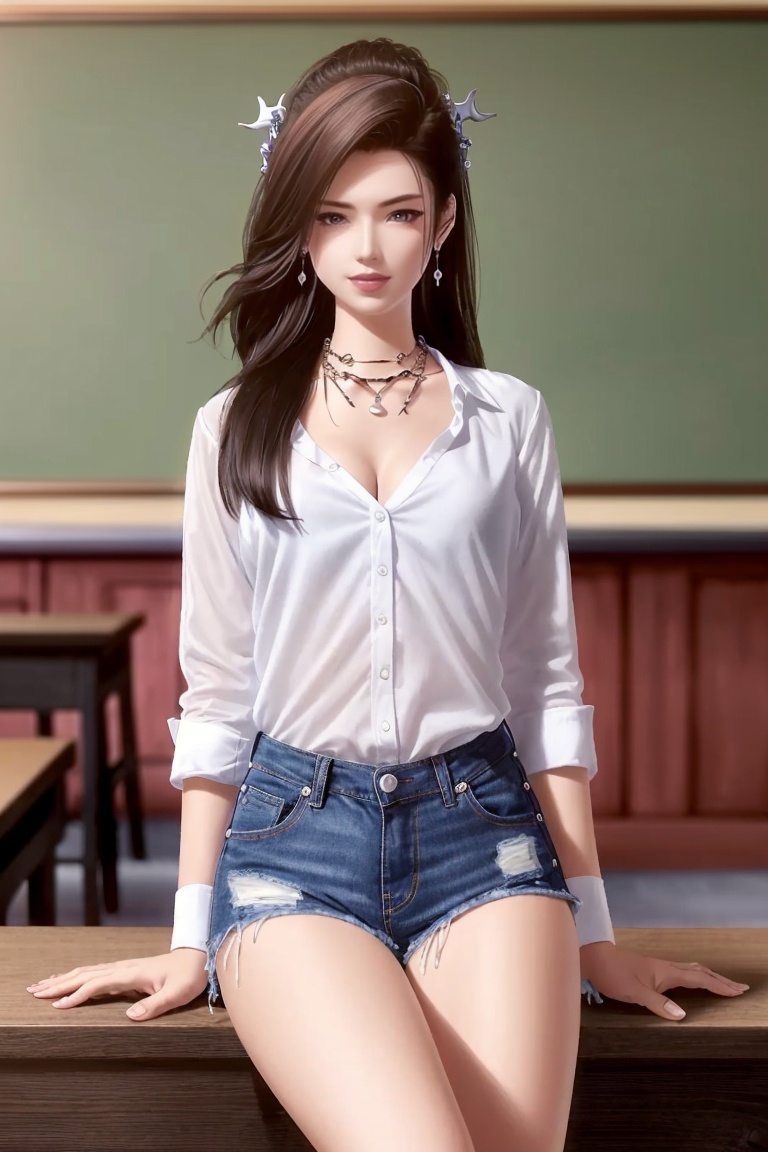 ((HRD, HUD, 8K)),((masterpiece, best quality)), highly detailed,1girl, solo, hair ornament, brown hair, black hair, long hair, brown eyes,necklace, jewelry, earrings, (white shirt:1.2), necktie, denim shorts,blurry background, classroom, chalkboard, sitting, cowboy shot, looking at viewer, <lora:20240525-1716650918118:0.7>