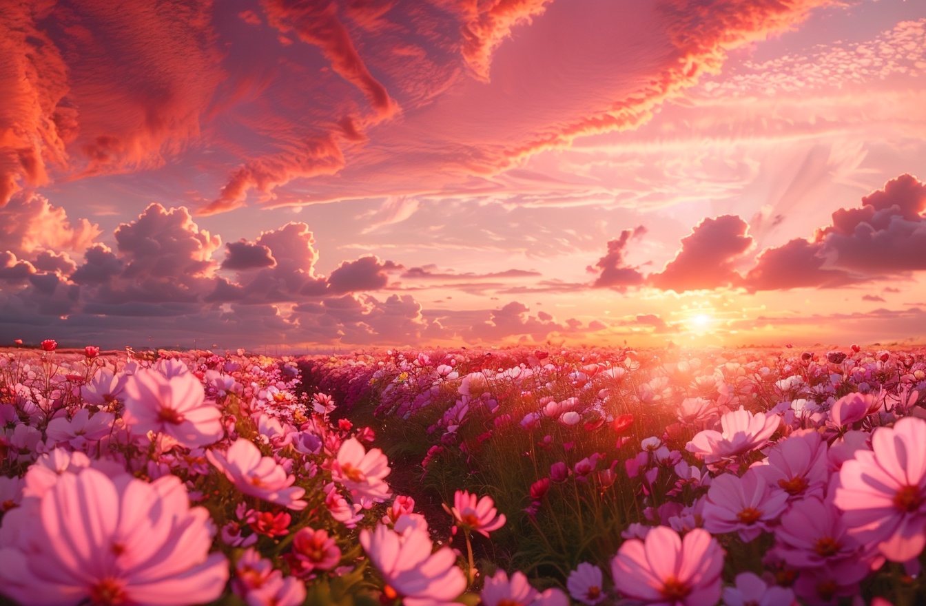 Flower sea,  masterpiece, charming visual effects, dreamy world, depth of field,  still life, Realistic, flower, outdoors, sky, cloud, no humans, ocean, cloudy sky, red flower, scenery, sunset, sun, horizon, field, flower field, red sky