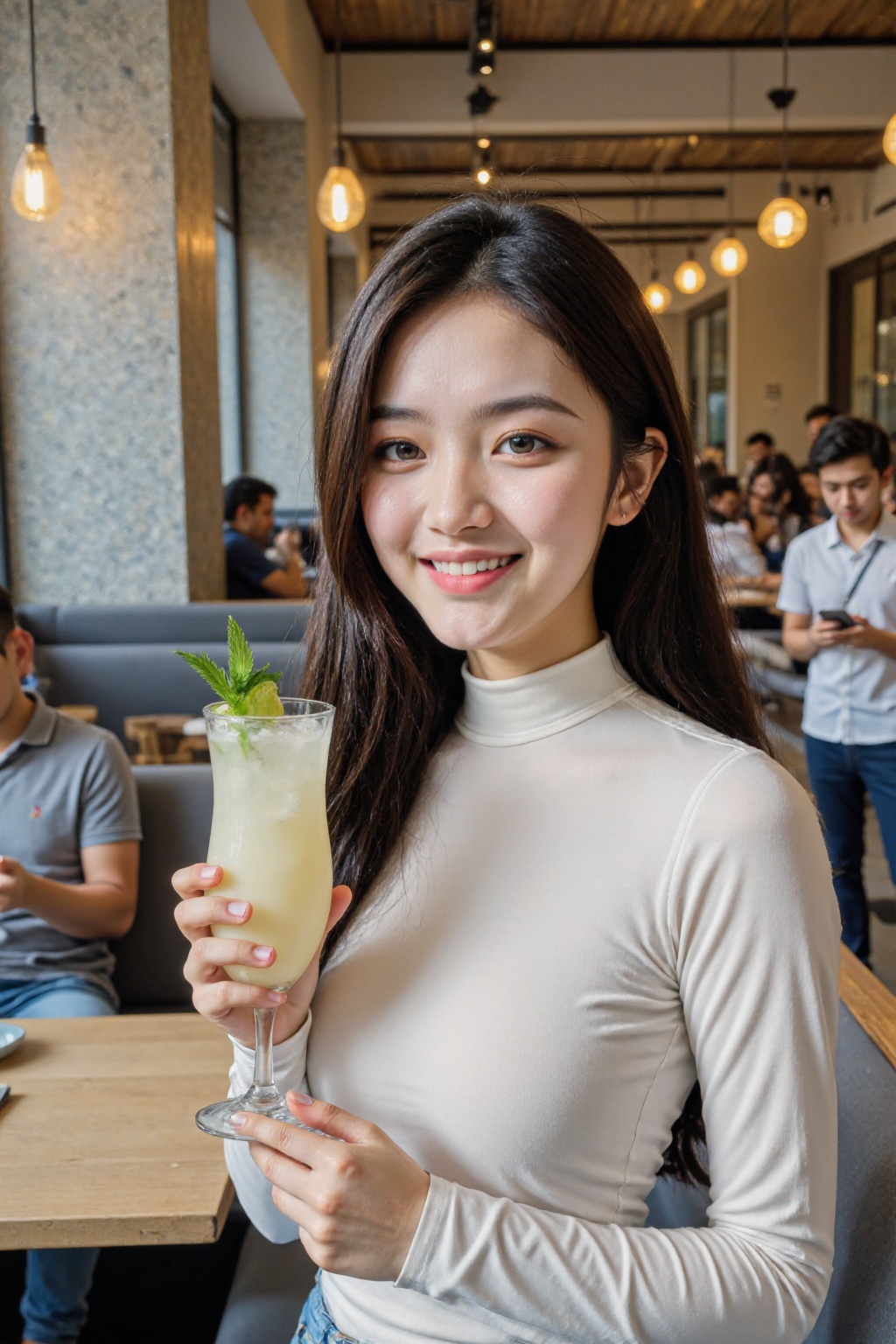 This photograph captures a vibrant, modern restaurant setting with a warm, inviting ambiance. In the foreground, a young woman with long, straight black hair and fair skin smiles directly at the camera. She is wearing a form-fitting, white, long-sleeved top that accentuates her slender figure. In her right hand, she holds a tall, clear cocktail glass filled with a light-colored drink garnished with a lime wedge and a green herb sprig. The woman appears to be in her early twenties.In the background, there are several patrons engaged in various activities. A man in a gray polo shirt, likely in his thirties, is seated at a table, intently focused on his smartphone. Another man, also in his thirties, is wearing a white shirt and is engaged in conversation with a woman seated across from him. Both are sitting on padded, gray benches with light wood tables.The restaurant's interior is stylish, with a mix of modern and rustic elements. The walls are adorned with a mosaic pattern of gray and white tiles, and there are pendant lights with warm, yellowish light fixtures hanging from the ceiling. The overall atmosphere is cozy and sophisticated, with a focus on comfort and good food.